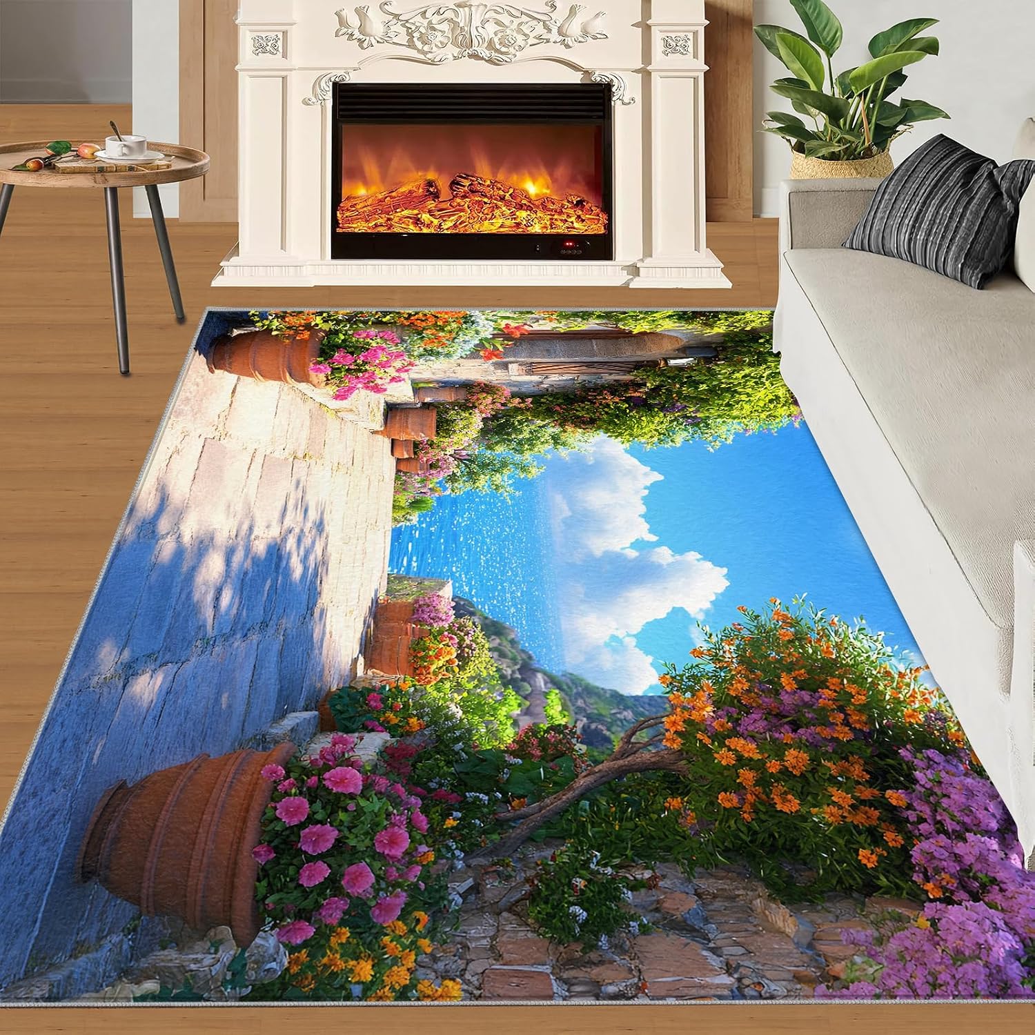 Tuscany Italy Rug 6x8-6x8 Rug, Italian Flowers Area Rugs for Bedroom, Coastal Rugs for Living Room, Landscape Washable Carpet, Italy Home Decor & Gifts