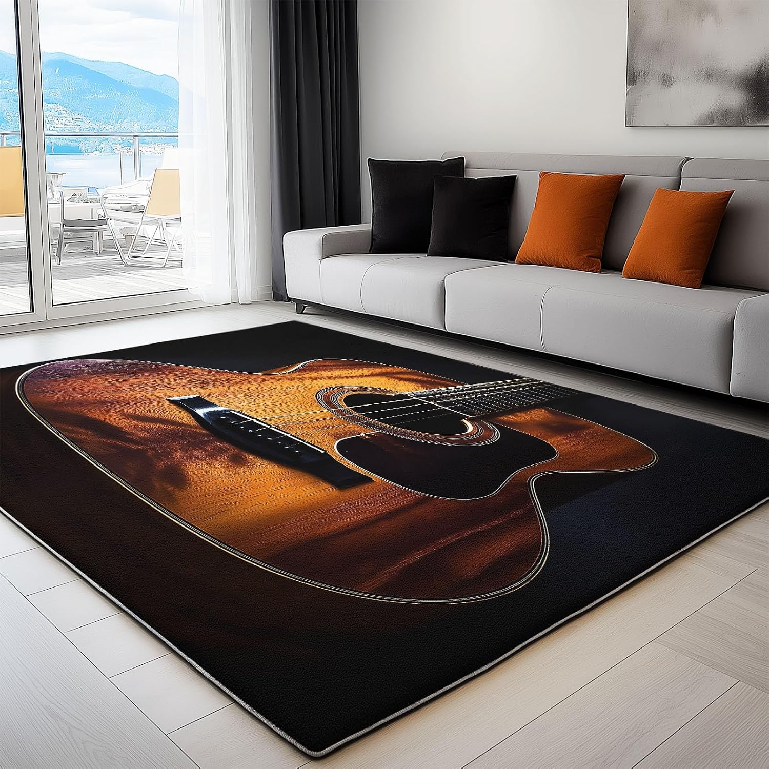 Washable Area Rugs 5x7 ft Musical Instrument Guitar Black Living Room Rug Non-Slip Indoor Floor Carpet for Bedroom Nursery Kids Playroom Office Dining Room Home Decor