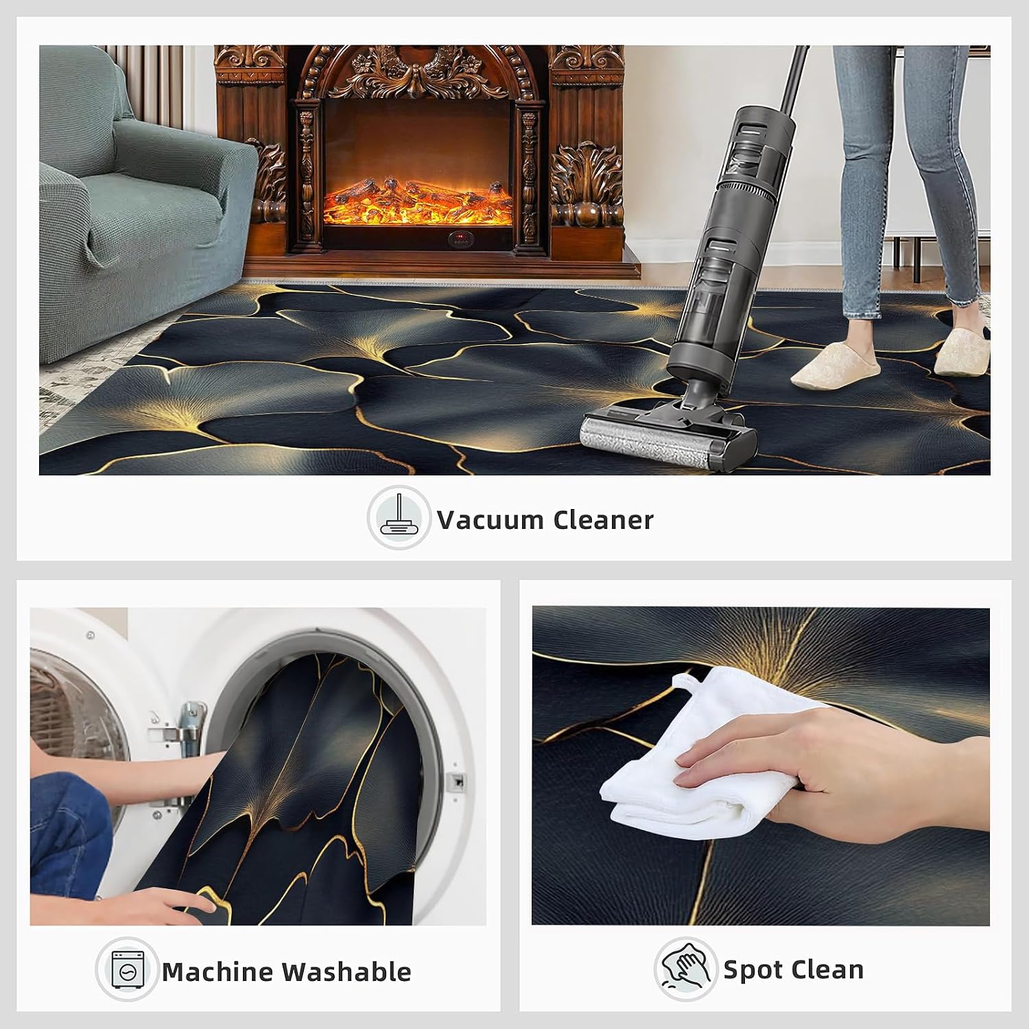 Ginkgo Leaves Rugs for Bedroom - 6x8 Rug, Black Gold Leaves Area Rugs for Living Room, Modern Luxury Carpet, Botanical Washable Area Mat, Plant Carpet, Ginkgo Leaf Home Decor & Gifts