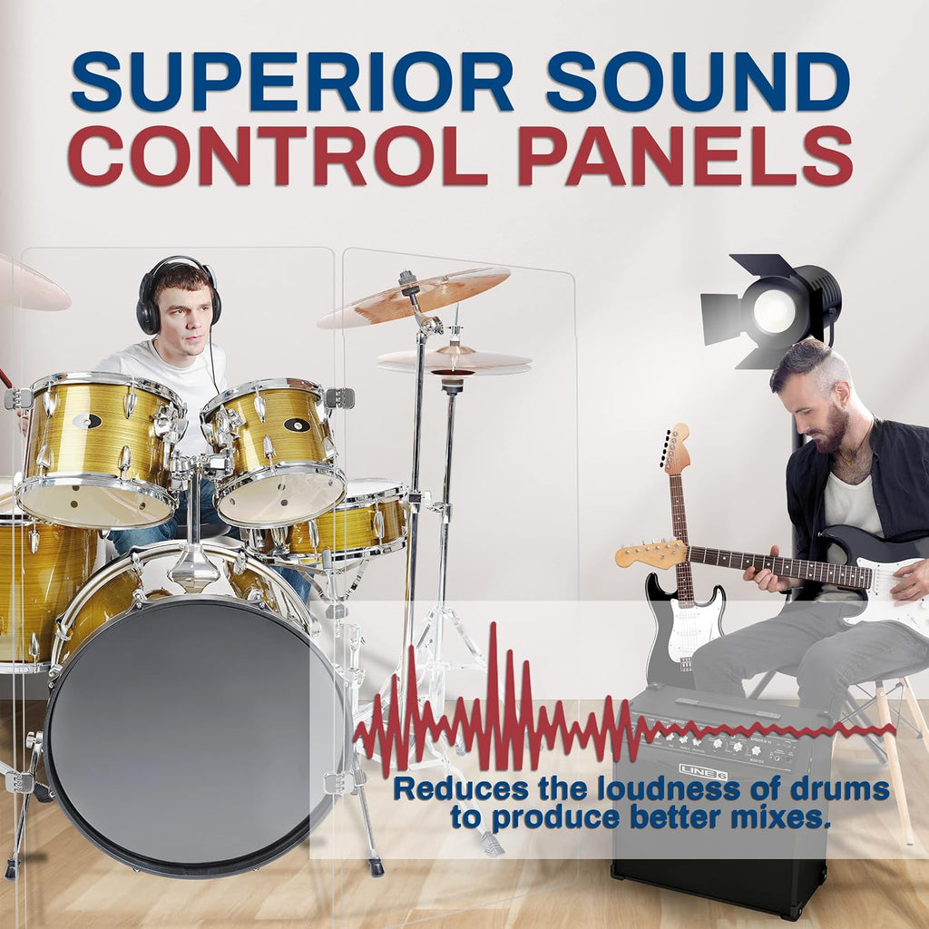 PENNZONI Drum Shield 4ft w/Chrome Hinges, Comes w/ 4 Drum Panels, & 6 Chrome Hinges, Premium Clear Acrylic Panels, Drum Screen