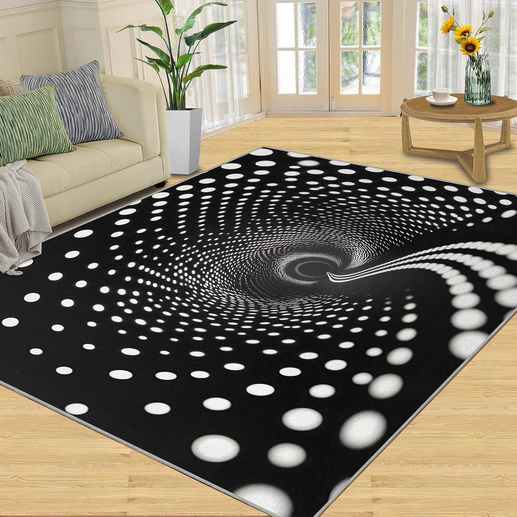 Black White Polka Dots Rugs for Bedroom, 3D Optical Illusion Rug 6x8, Modern Abstract Dining Room Rugs Washable & Non Slip Large Carpet for Home Decor