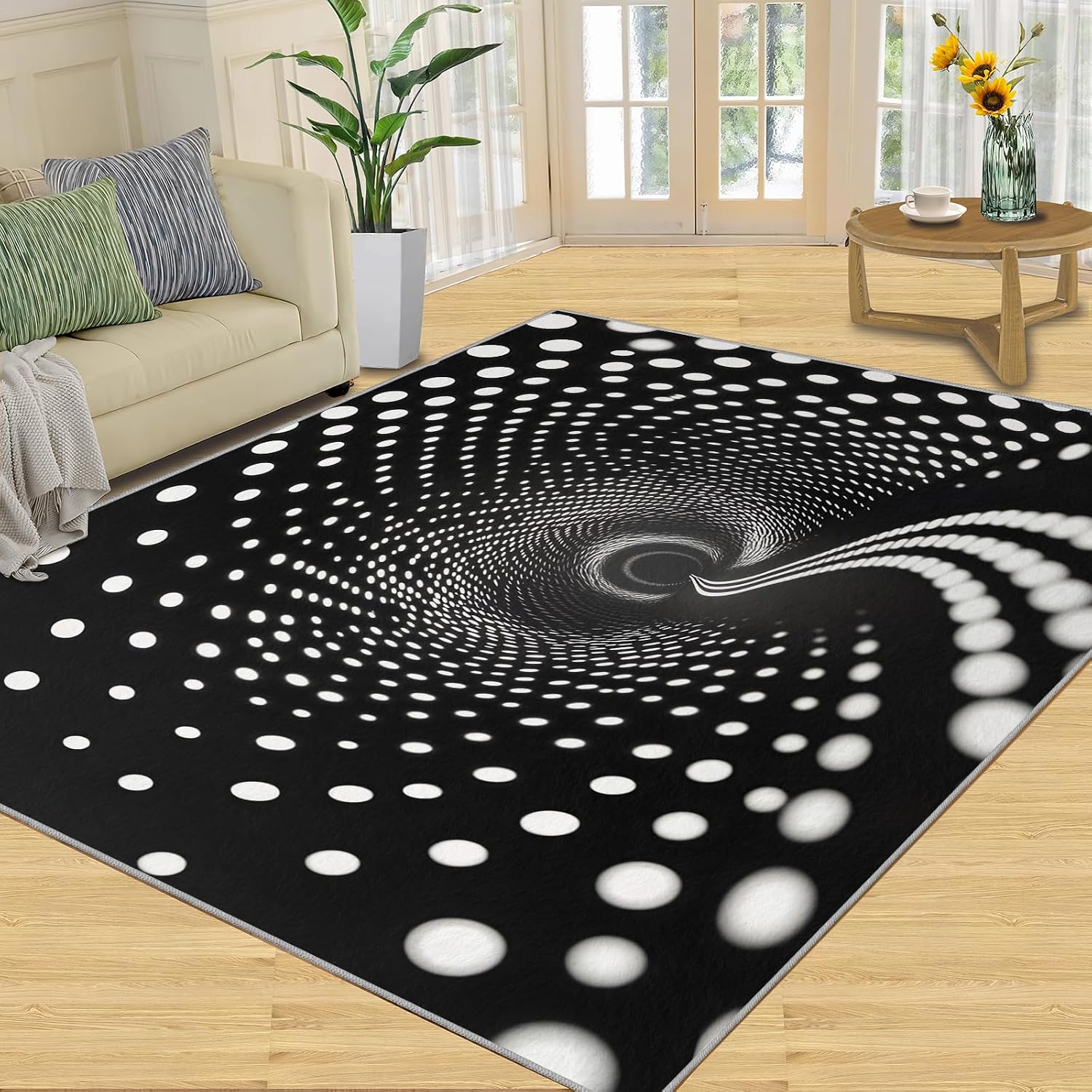 Black White Polka Dots Rugs for Bedroom, 3D Optical Illusion Rug 6x8, Modern Abstract Dining Room Rugs Washable & Non Slip Large Carpet for Home Decor
