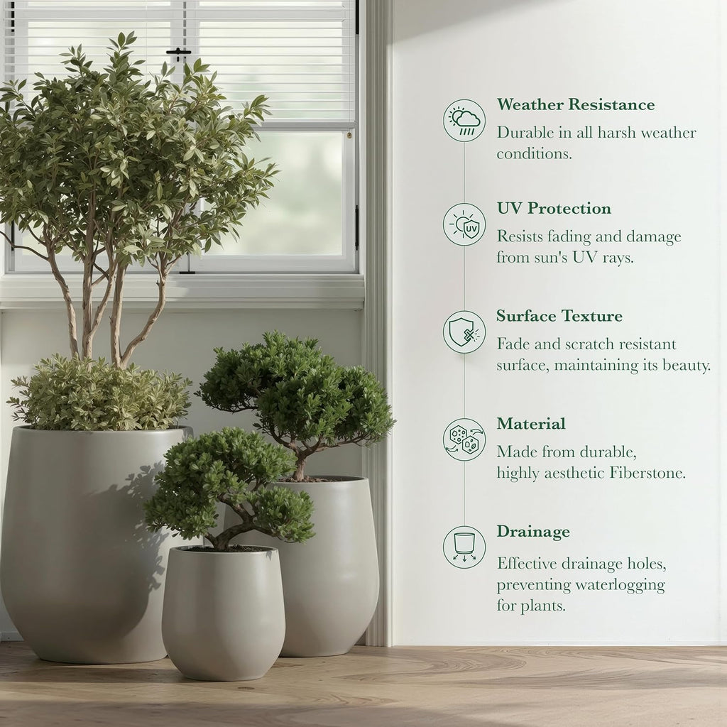 DTY Signature Mount Wilson Modern Indoor Outdoor Fiberstone Tapered Planter, Lightweight, Weather Resistant Garden Pot with Drainage Hole & Rubber Plug (Light Gray, 15'' D x 16.7'' H)