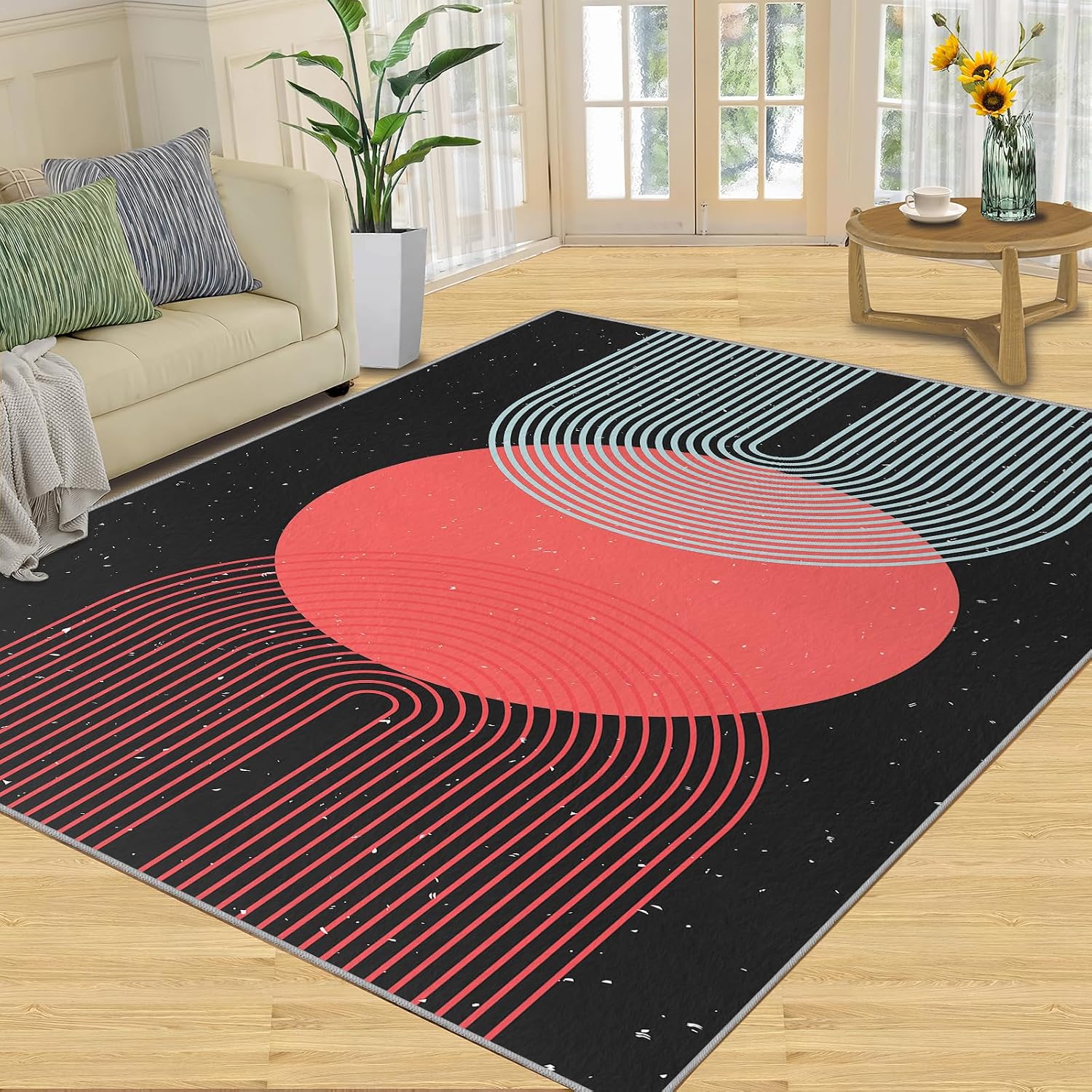 Abstract Boho Art Area Rug, Nordic Sun Print Rugs for Living Room, Indoor Non-Slip Kids Rugs, Machine Washable Breathable Durable Carpet for Front Entrance Floor Decor,6 x 8ft