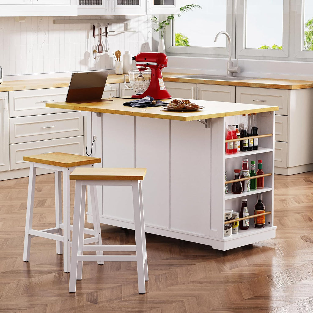 Kitchen Storage Island on Wheels with 2 Bar Stools, Rolling Drop Leaf Kitchen Island Cart with Power Outlet, Open Side Racks, Door Shelves and Towel Bar, 53-Inch, White