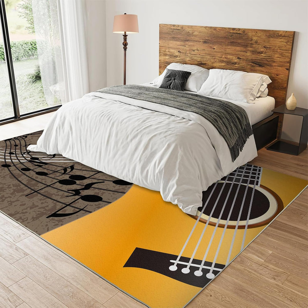 Yellow Hip-Hop Rock Music Guitar Area Rug, Black White Musical Notes Grunge Style Indoor Non-Slip Kids Rugs, Machine Washable Breathable Durable Carpet for Front Entrance Floor Decor,6 x 9ft