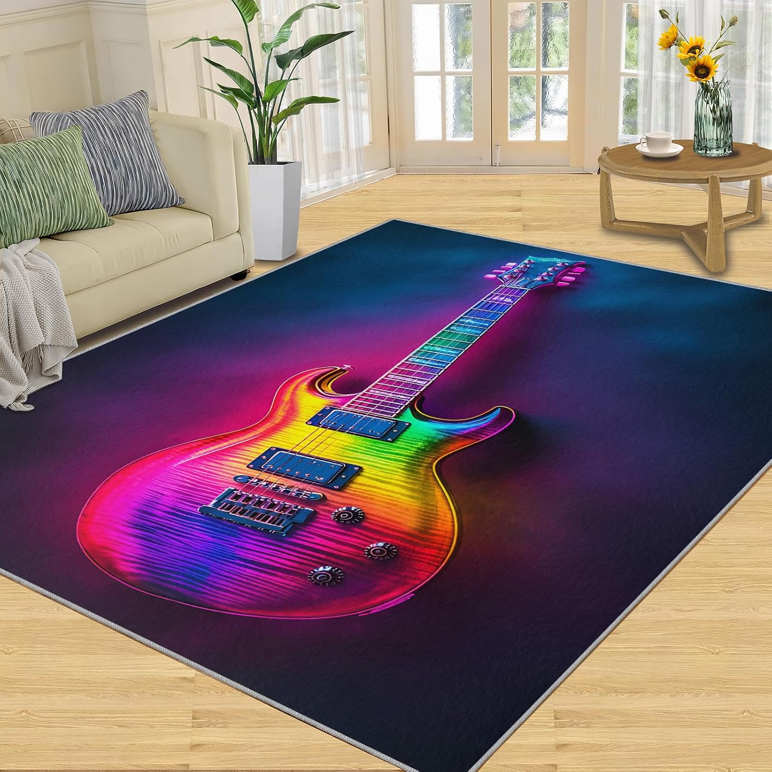 Guitar Rug 6x8, Neon Guitar Rugs for Bedroom, Music Rugs for Living Room, Washable Area Rug for Boys Girls Room, Non Slip & Low Pile Carpet