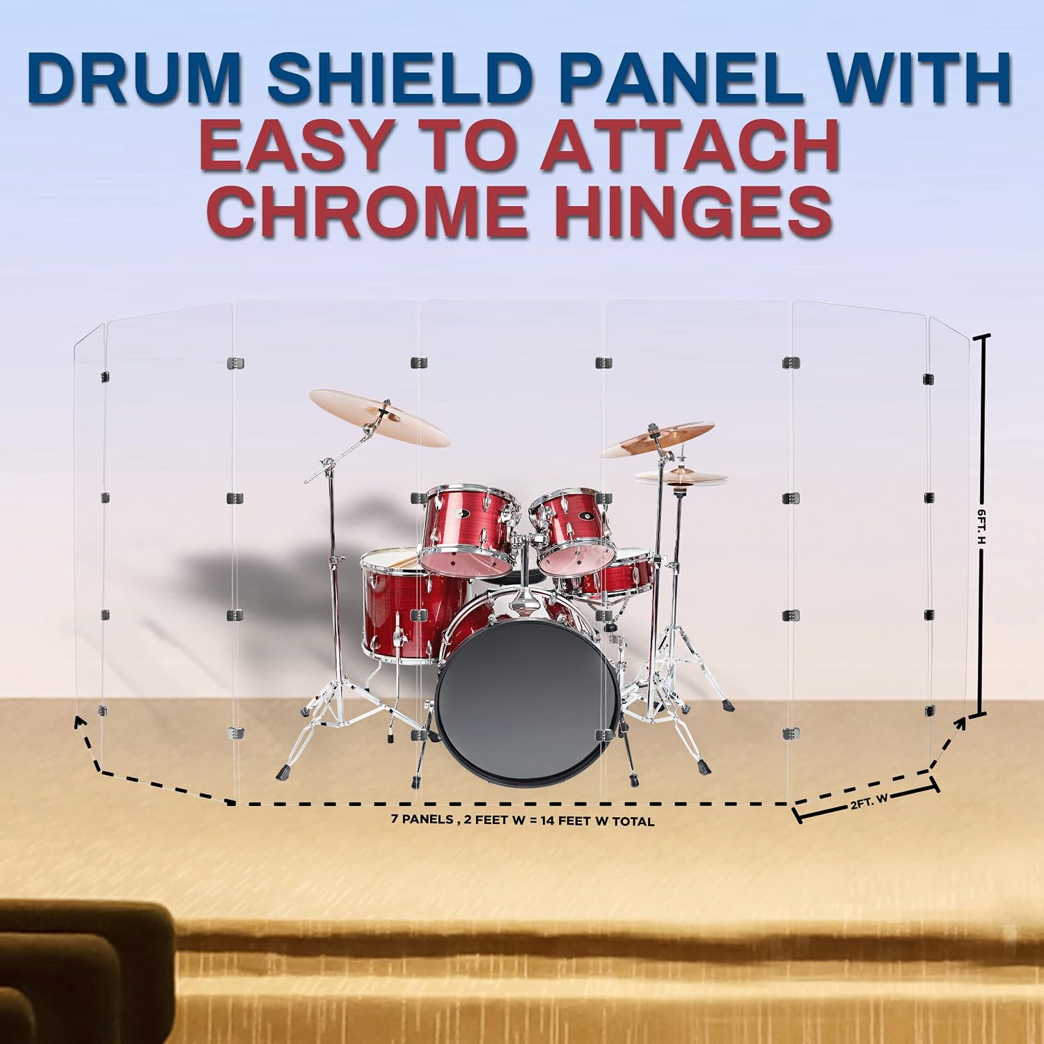 PENNZONI Drum Shield 6ft w/Chrome Hinges, Comes w/ 7 Drum Panels, & Chrome Hinges, Premium Clear Acrylic Panels, Drum Screen