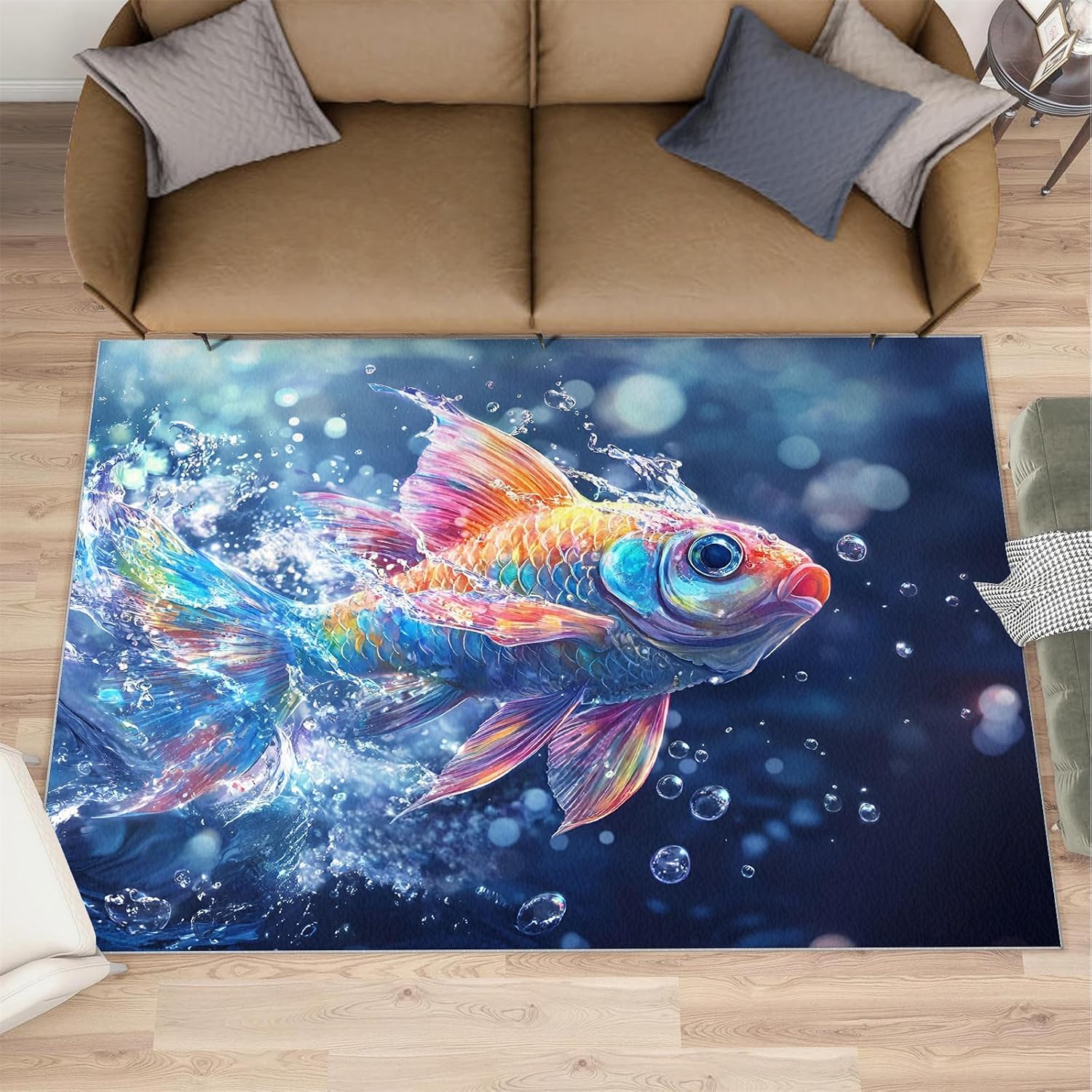 Fish Rugs for Bedroom, Goldfish Rug 6x8, Aquatic Animals Dining Room Rugs Washable & Non Slip Large Carpet for Home Decor