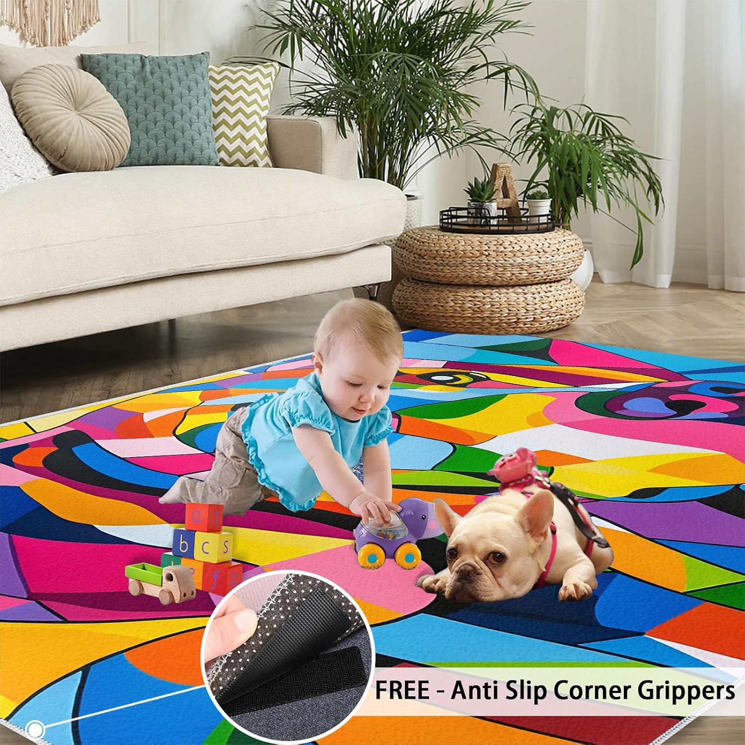 Dog Print Rugs for Bedroom, Colorful Puppy Area Rug, Animal Prints Rugs for Living Room, 6x8 Washable Rug Non Slip & Low Pile, Indoor Carpet & Home Decor