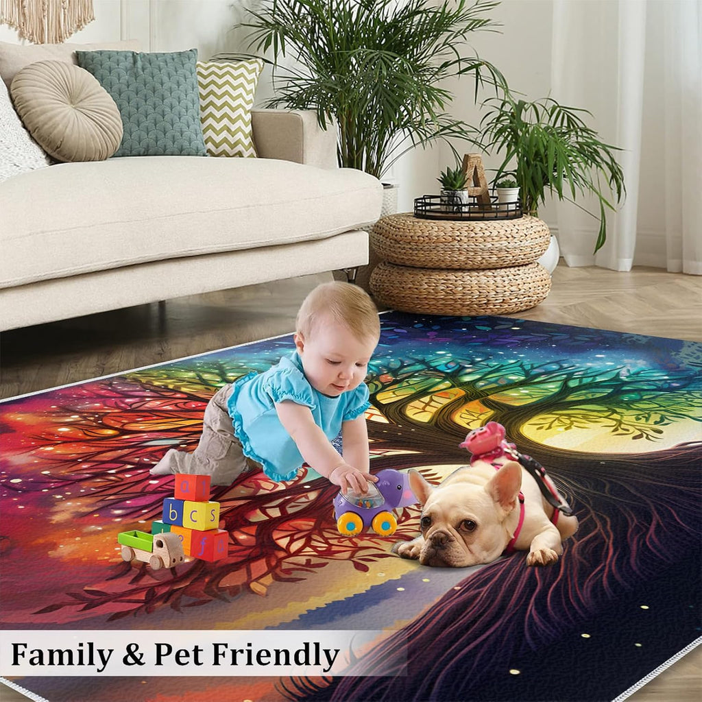 Colorful Life Tree Rug for Kids Room - 6x8 Large Rug, Boho Aurora Starry Galaxy Rugs for Bedroom Fantasy Tree Area Rugs for Living Room Home Decor Washable Rug