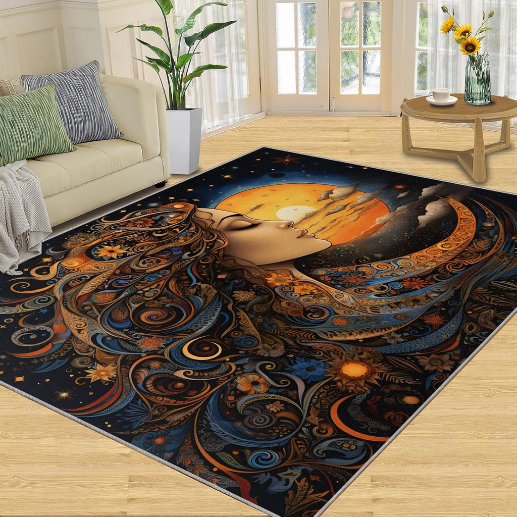 Beautifu Girl Rug for Kids Room - 6x8 Large Rug, Moon Goddess Rugs for Bedroom Anime Girl with Long Hair Area Rugs for Living Room Home Decor Washable Rug