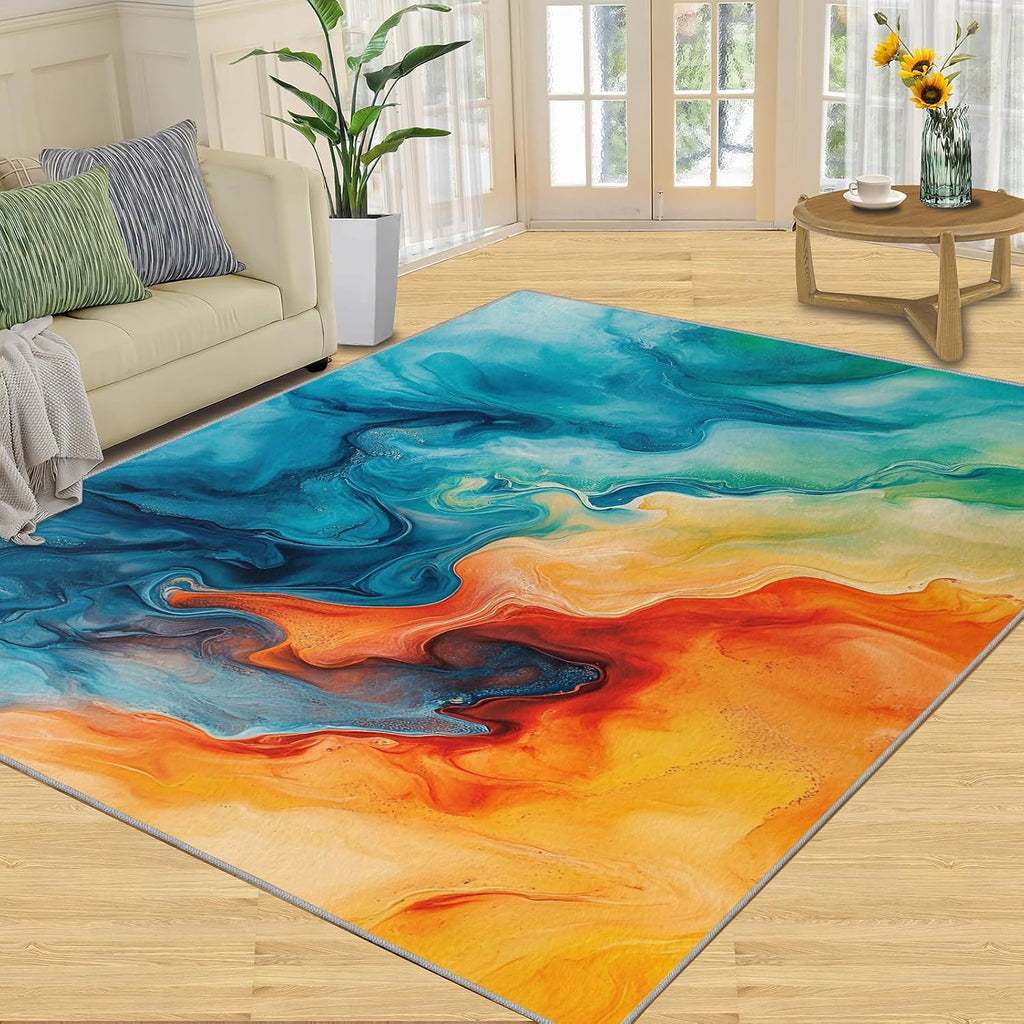 Colorful Marble Rug Large - 6x8 Rug, Green Orange Fluid Washable Rugs for Living Room, Abstract Carpet, Contemporary Non-Slip Area Rugs for Bedroom, Modern Carpet, Marble Home Decor