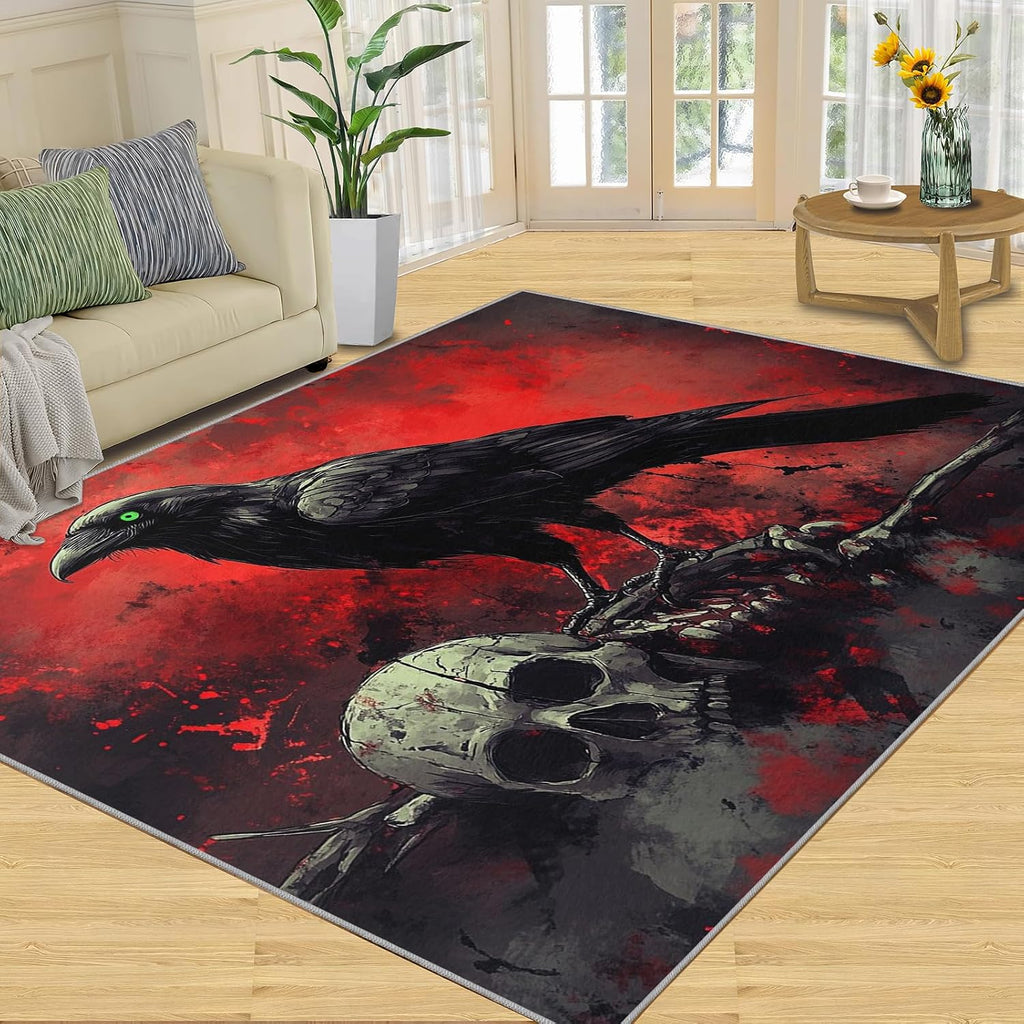 Crow Rug 6x8, Skeleton Rugs for Boys Room, Blood-Red Terror Area Rugs for Bedroom, Low Pile Non Slip Carpet for Computer Game Room Dormitory