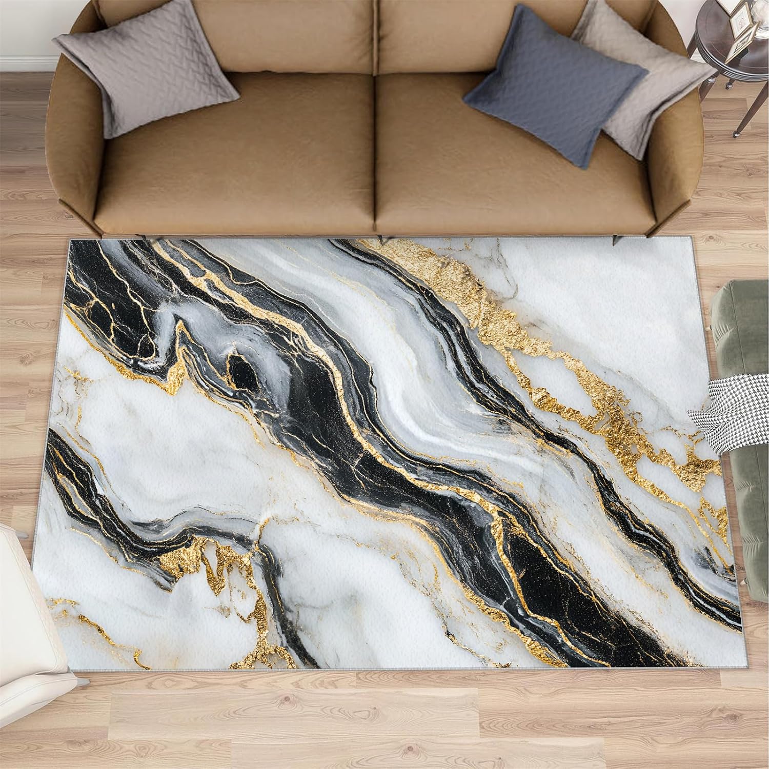 Black White Gold Marble Rugs for Bedroom - 6x8 Rug, European Style Area Rugs for Living Room, Contemporary Carpet, Abstract Washable Mat, Marble Home Decor & Gifts