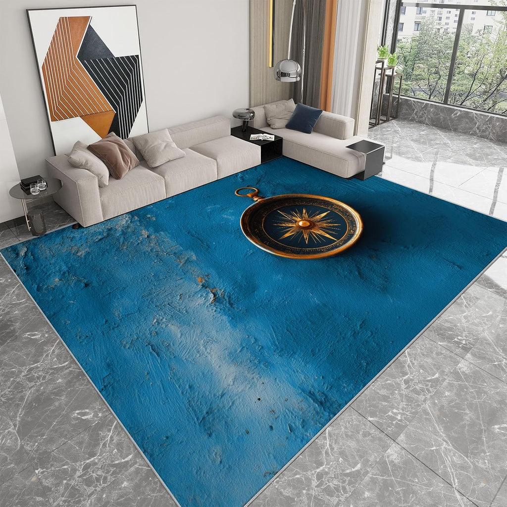 Area Rug 5 x 7 ft for Living Room, Nautical Theme Washable Non-Slip Rug - Shabby Compass Low-Pile Print Carpet for Bedroom Dinning Room Entrance Farmhouse Indoor Home Decor