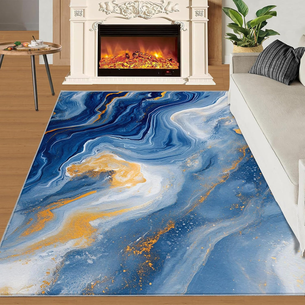 Blue Fluid Carpet - Large Rug 6x8 - Blue Gold Rugs for Living Room - Soft & Non Slip & Washable Rugs for Bedroom, Marble Carpets for Dining Room Lounge Girls Room