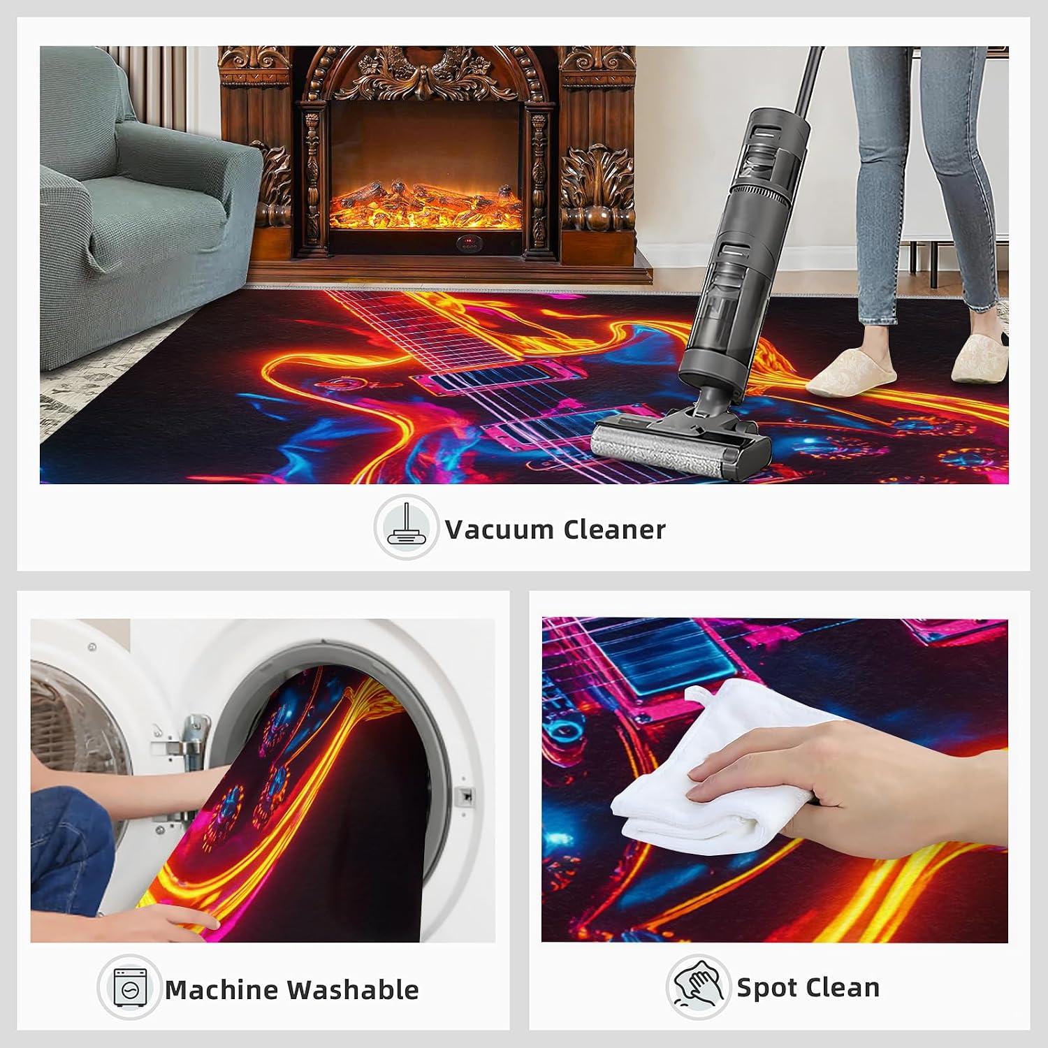 Burning Electric Guitar Rug for Bedroom 6x9 Rug Cool Instruments Rugs, Guitar Pattern Home Decor, Non Slip Washable Large Rugs, Rock Music Carpet for Boys and Girls Teen Playroom