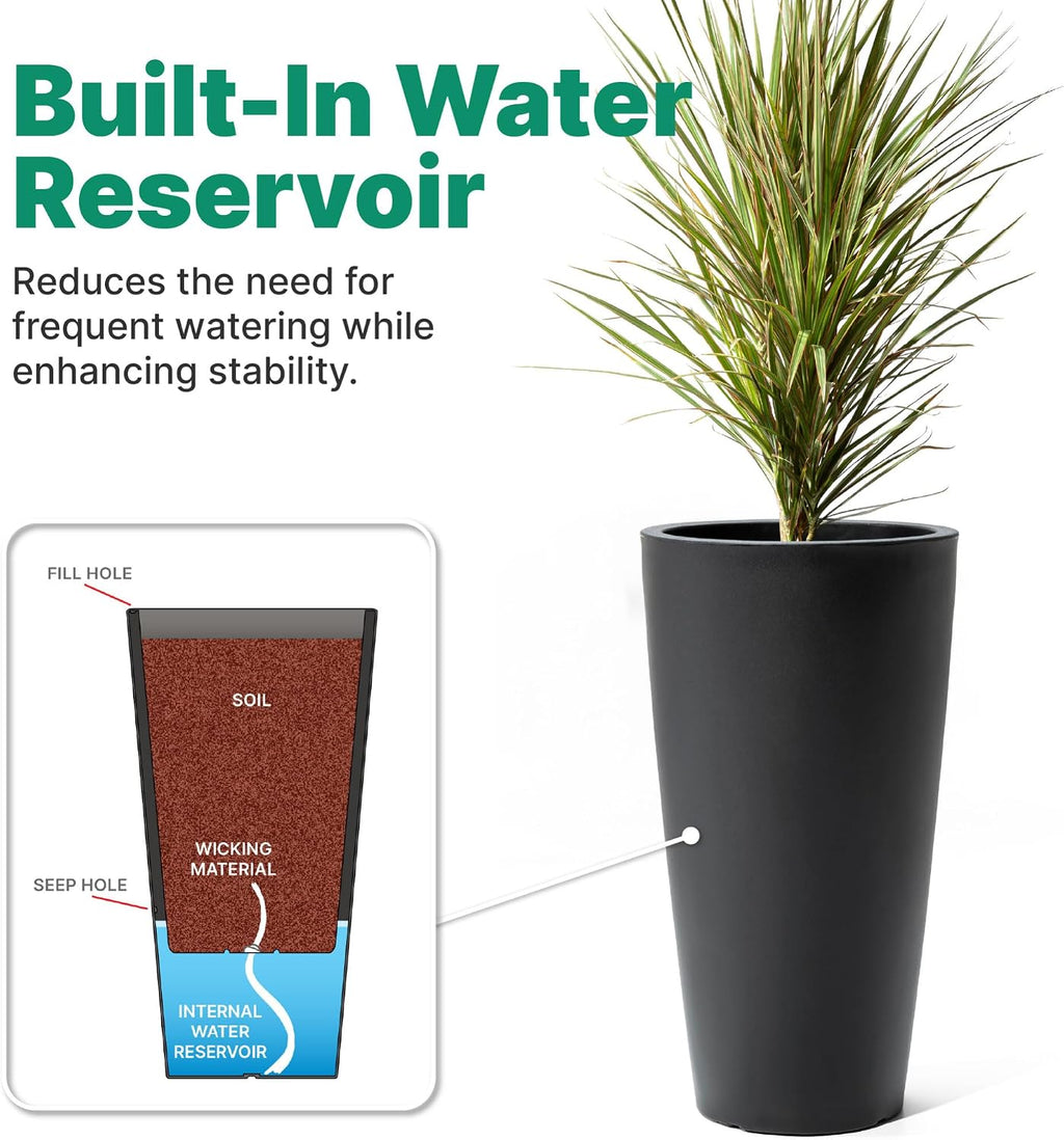 Step2 Tremont Tall Round Tapered Planter, 28' Tall 2-Pack, Indoor/Outdoor Plants, Efficient Drainage, Durable Resin, Onyx Black