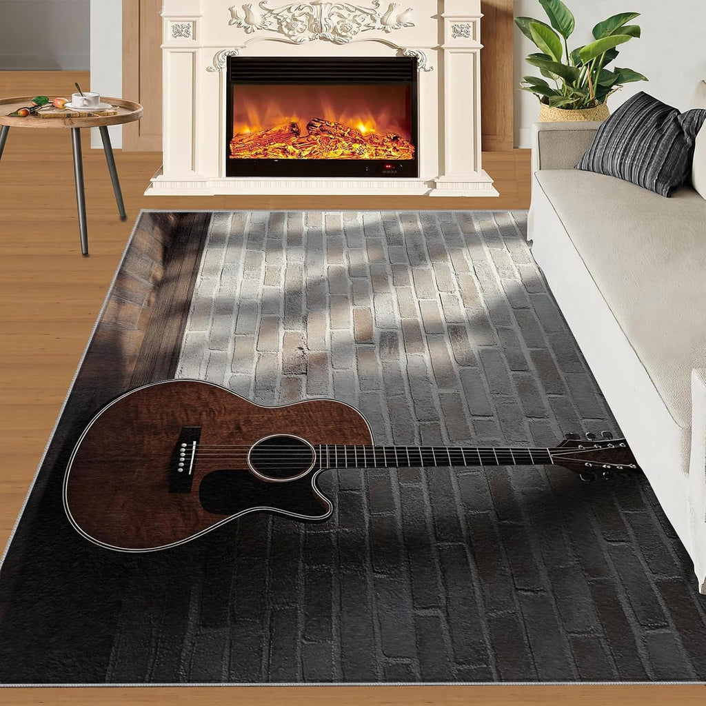 Guitar Rug for Bedroom 6x8 Rug Vintage Guitar Rugs, Music Instrument Home Decor, Non Slip Washable Large Rugs, Rock Music Carpet for Boys and Girls Teen Playroom