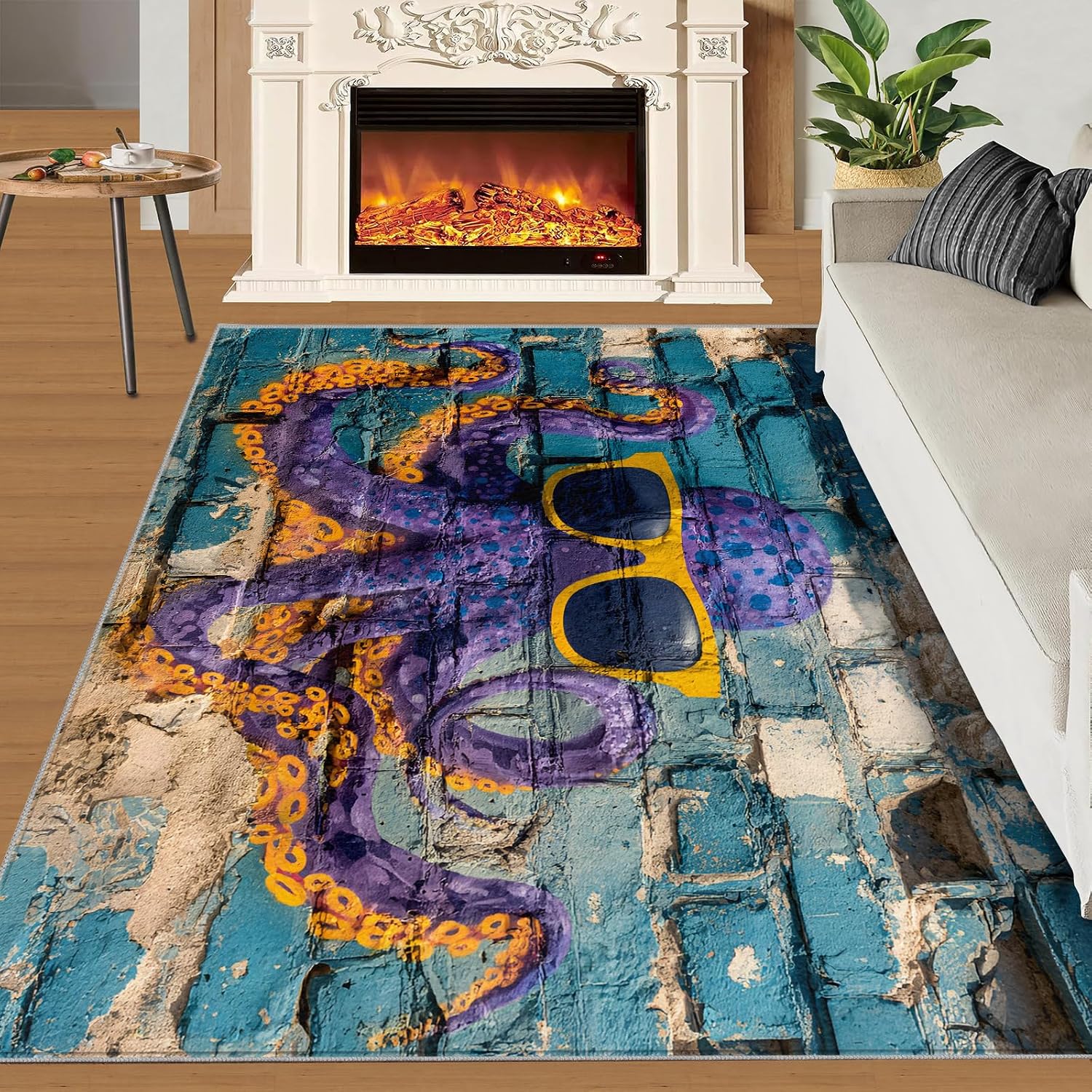 Graffiti Rugs for Bedroom, Street Art Rug 6x8, Octopus Dining Room Rugs Washable & Non Slip Large Carpet for Home Decor