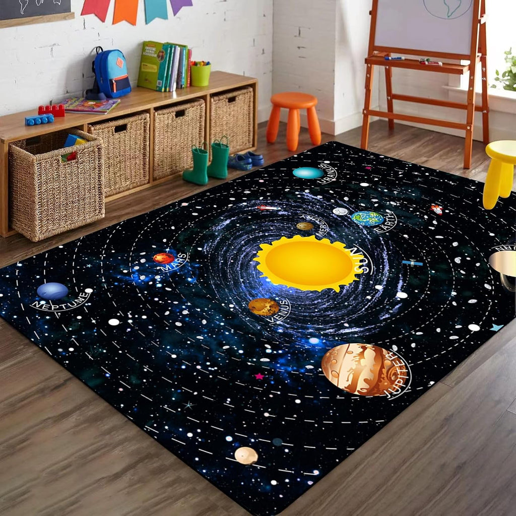 Outer Space Solar System Children's Carpets, 6x8ft, Galaxy Education Daycare Rug, Learning Blue Night Sky Preschool Classroom Rugs, Fade Resistant Printed Mat for Girls Boys