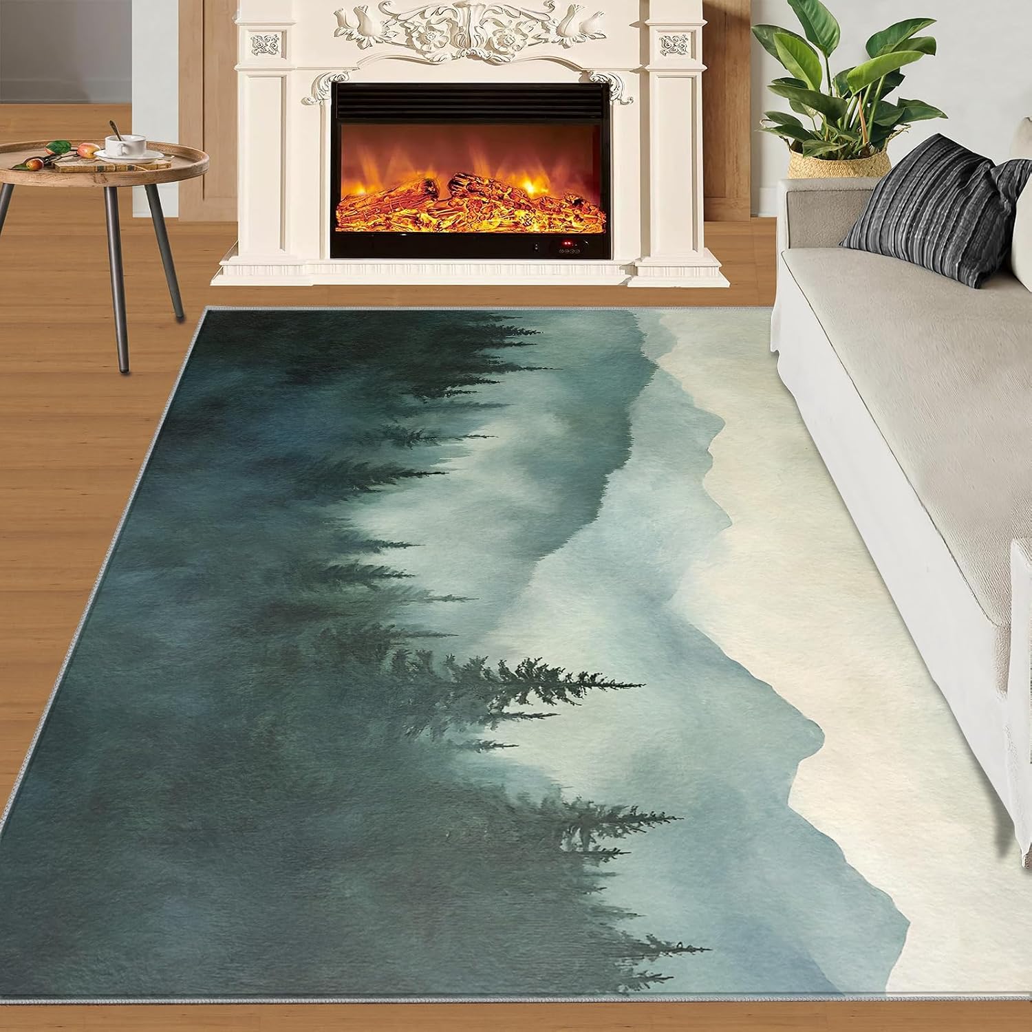 Misty Forest Area Rug Large - 6x8 Rug, Forest Mountain Rugs for Living Room, Woodland Area Rugs for Bedroom, Natural Scenery Washable Carpet, Landscape Home Decor & Gifts