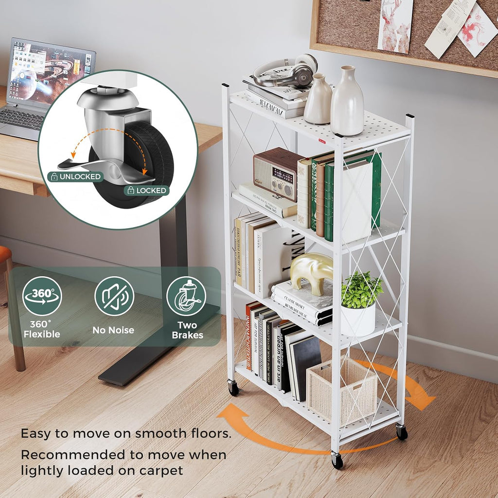 DEANIC 4 Tier Foldable Storage Shelves with Wheels, Large Capacity Shelving Unit, Freestanding Metal Wire Shelf Rack, No Assembly Organizer Rack for Garage Kitchen, Basement, Pantry(White Pack of 2)