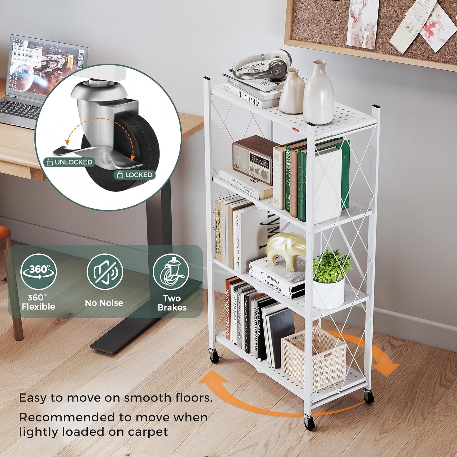DEANIC 4 Tier Foldable Storage Shelves with Wheels, Large Capacity Shelving Unit, Freestanding Metal Wire Shelf Rack, No Assembly Organizer Rack for Garage Kitchen, Basement, Pantry(White Pack of 2)