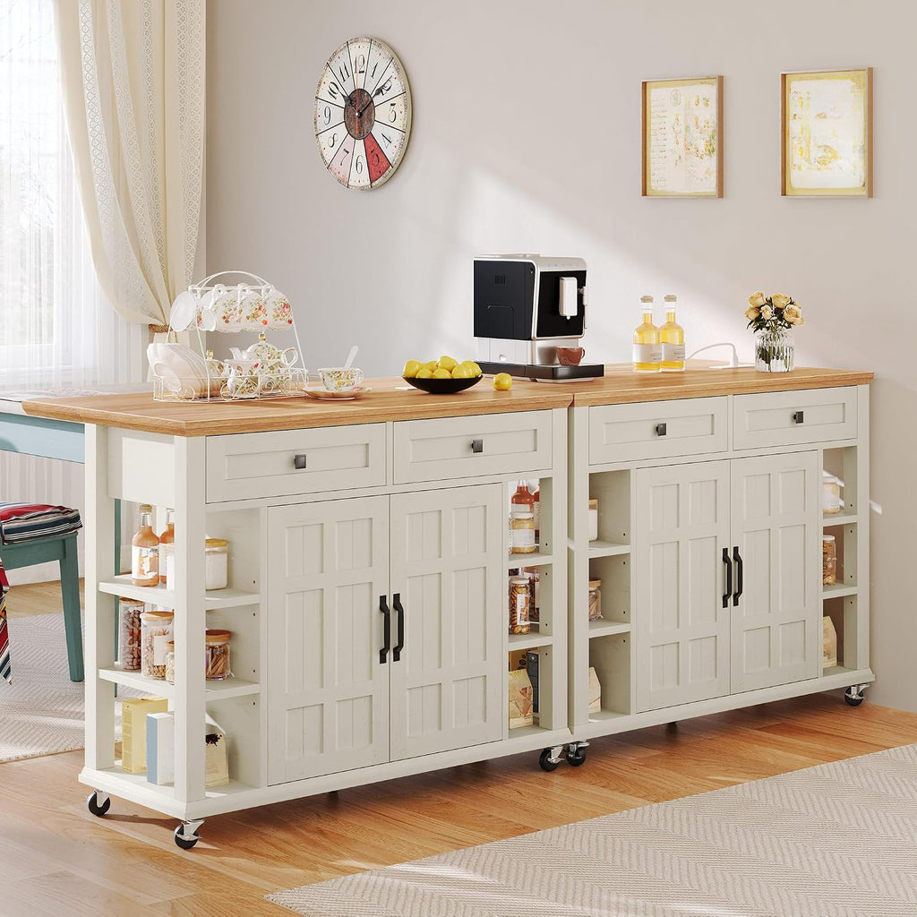 YITAHOME Kitchen Island with Drop Leaf, Mobile Storage Island with Power Outlet, Americana Rolling Kitchen Carts with Storage Shelves and Drawers, Island Table on Wheels for Dining Room, Beige