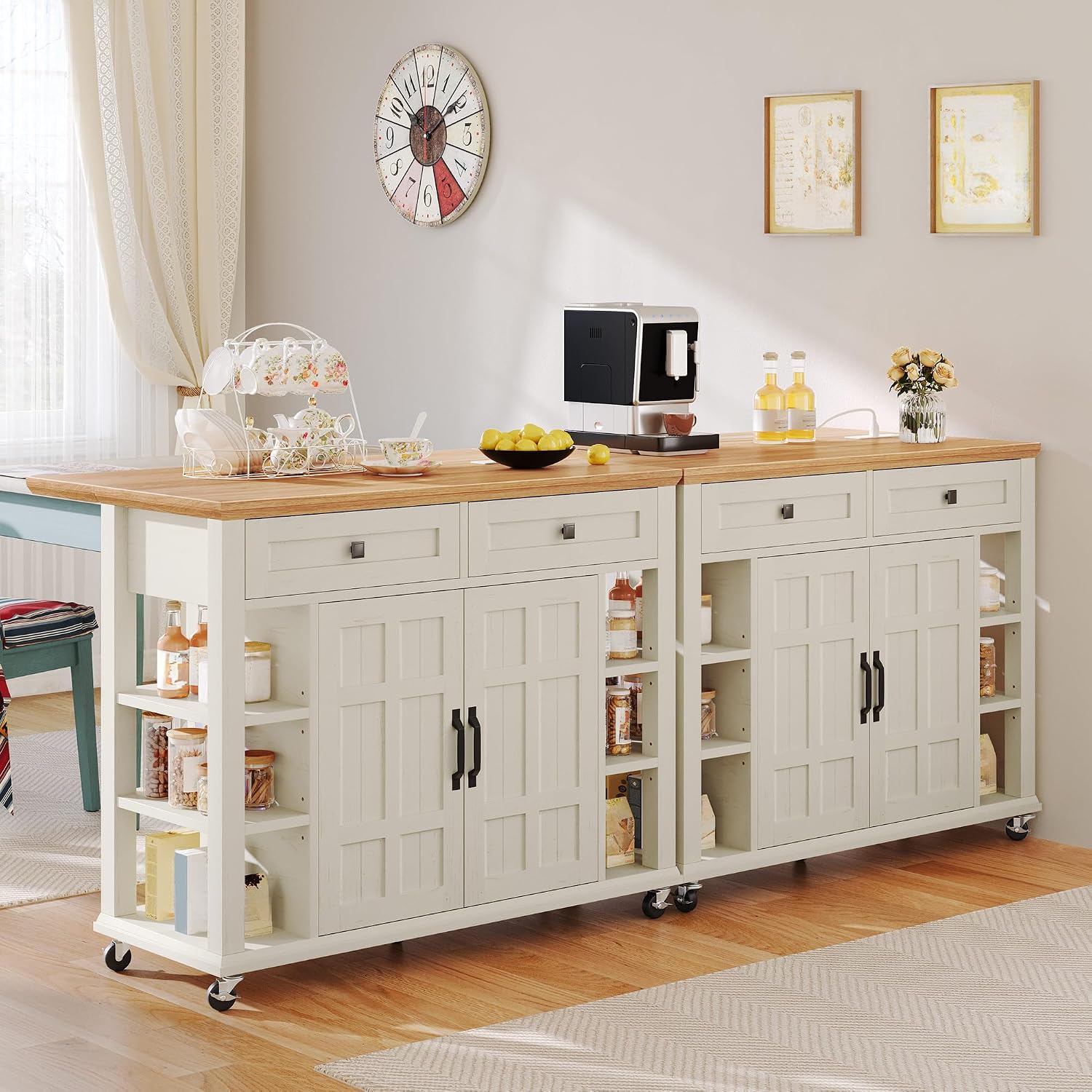 YITAHOME Kitchen Island with Drop Leaf, Mobile Storage Island with Power Outlet, Americana Rolling Kitchen Carts with Storage Shelves and Drawers, Island Table on Wheels for Dining Room, Beige