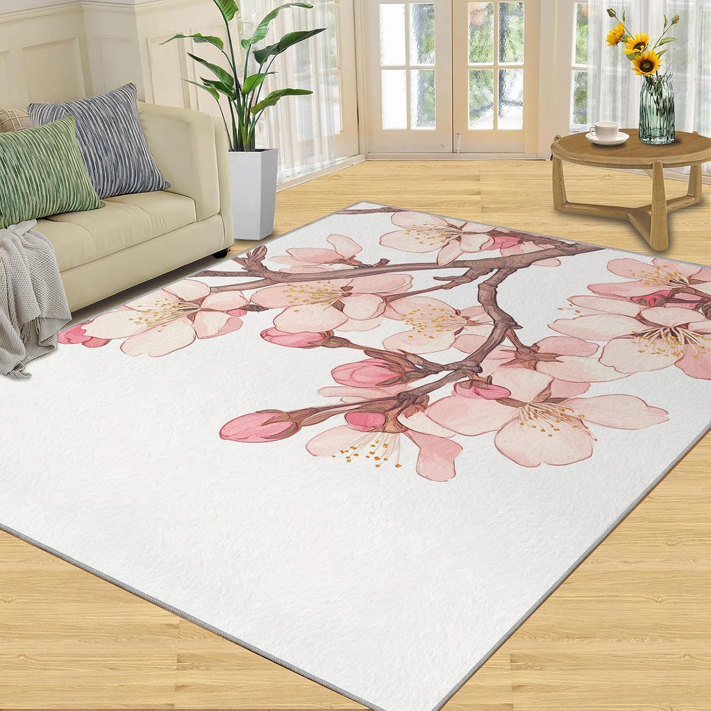 Cherry Blossom Rug 6x8-6x8 Rug, Watercolor Flower Area Rugs for Living Room Bedroom, Spring Flower Area Rugs, Floral Washable Carpet, Japanese Carpet, Floral Home Decor