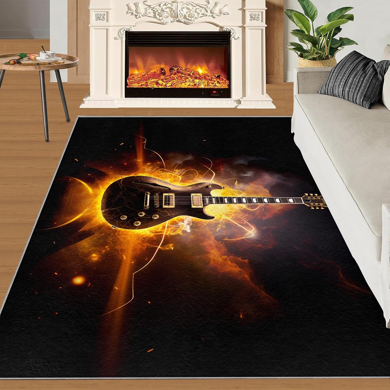 Guitar Rugs for Music Room - 5x7 Rug, Boys Musical Home Decor, Music Washable Rugs for Living Room Bedroom, Cool Gold Area Rug, Rock and Roll Carpet, Electric Guitars Gifts for Men