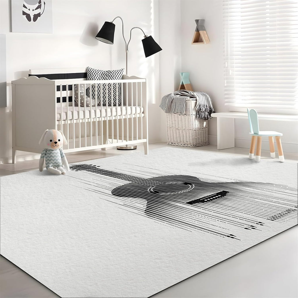 White Washable Area Rug 5' x 7', Abstract Guitar Instrument Black Print Low Pile Carpet 5 x 7 ft Non-Shedding - Non-Slip Robot Vacuum Compatible Rug for Living Room, Office & Home