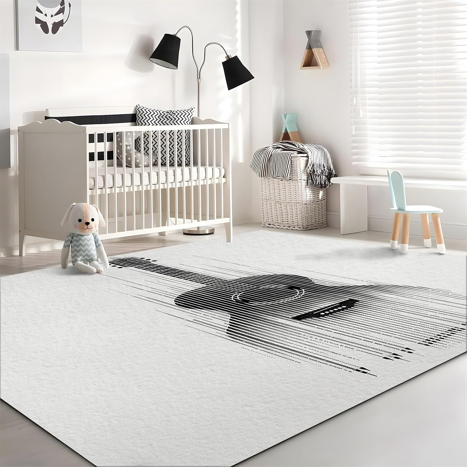 White Washable Area Rug 5' x 7', Abstract Guitar Instrument Black Print Low Pile Carpet 5 x 7 ft Non-Shedding - Non-Slip Robot Vacuum Compatible Rug for Living Room, Office & Home