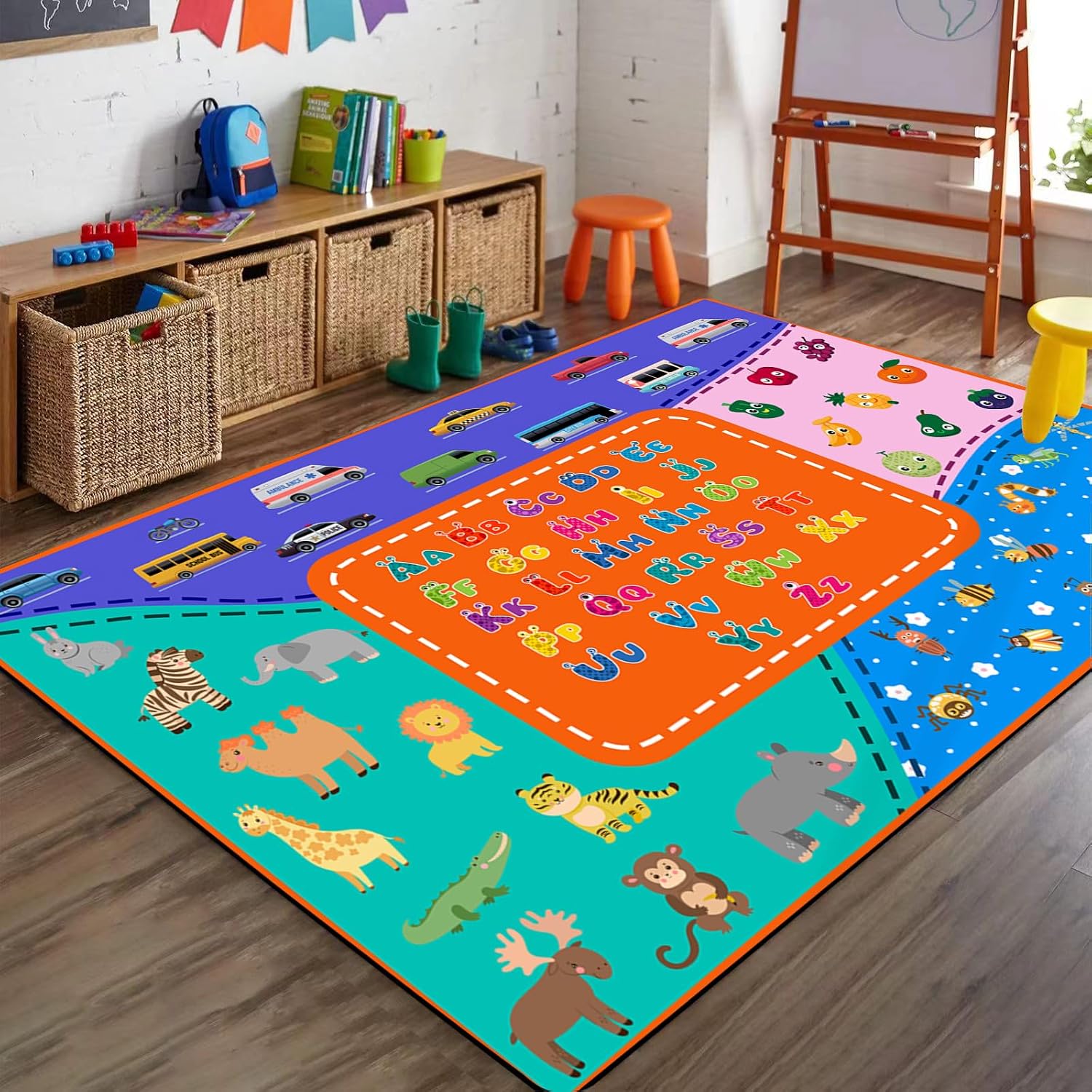 Cartoon Colorful Printed Kids Rug, 6x8ft, Learning Playing Multi-Functional Nursery Carpet, with Non Slip Backing Non Slip Rugs, Cozy Fade Resistant Playing Mat for Bedroom Living Room
