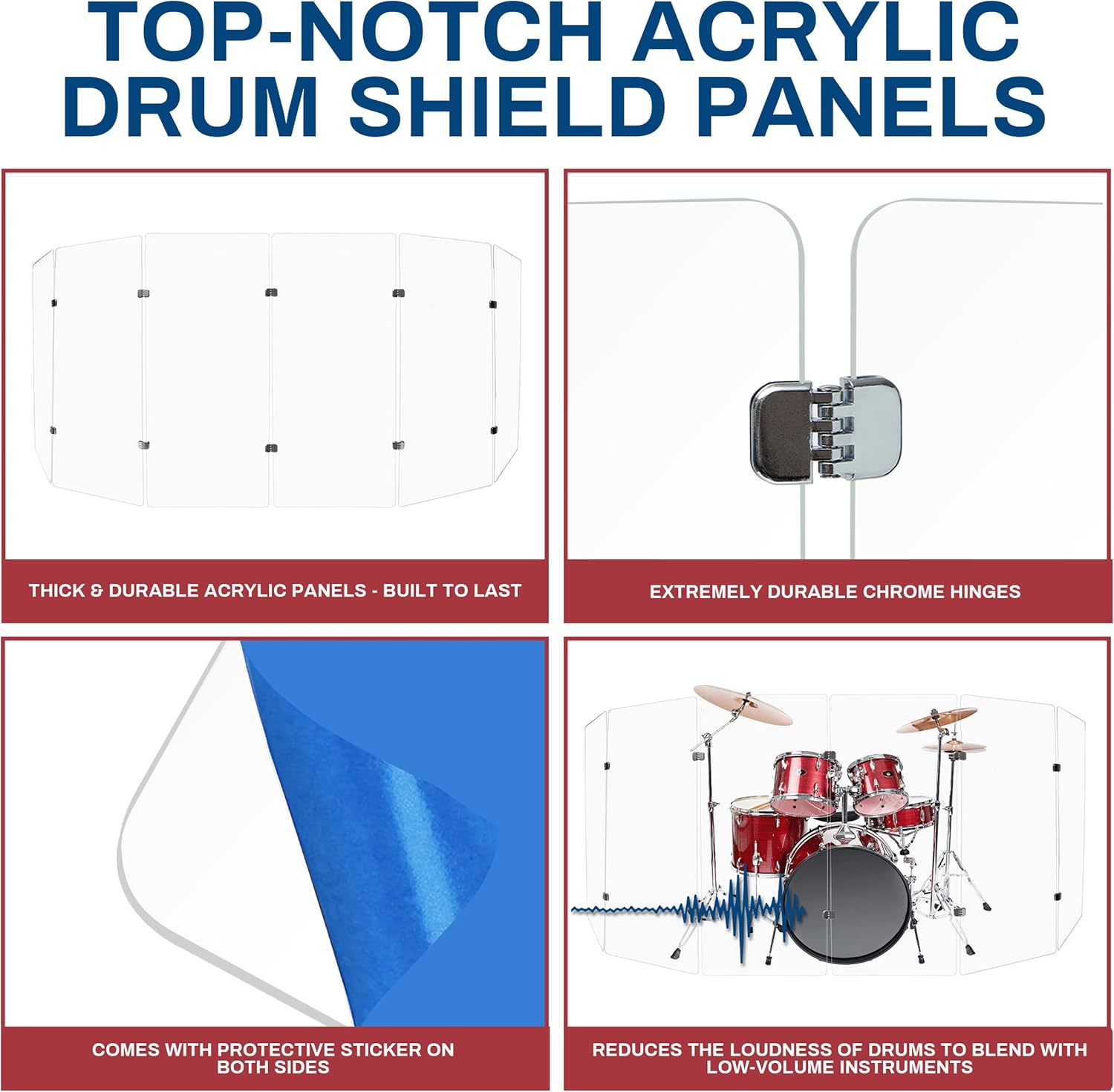 PENNZONI Drum Shield 4ft w/Chrome Hinges, Comes w/ 6 Drum Panels, & 10 Chrome Hinges, Premium Clear Acrylic Panels, Drum Screen
