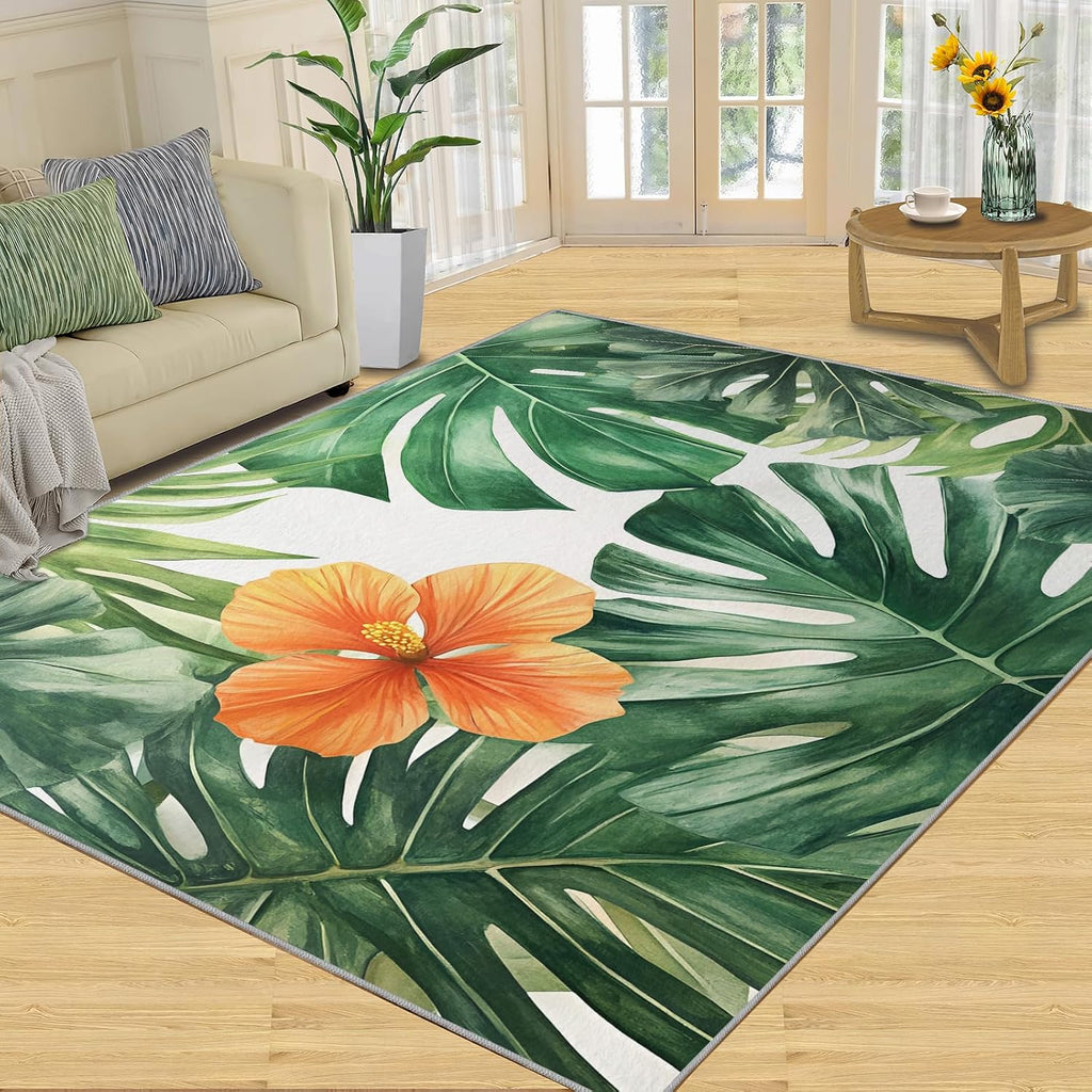 Hibiscus Rug 6x8-6x8 Rug, Tropical Monstera Area Rugs for Living Room Bedroom, Floral Botanical Area Rugs, Modern Washable Carpet, Aesthetic Carpet, Floral Home Decor