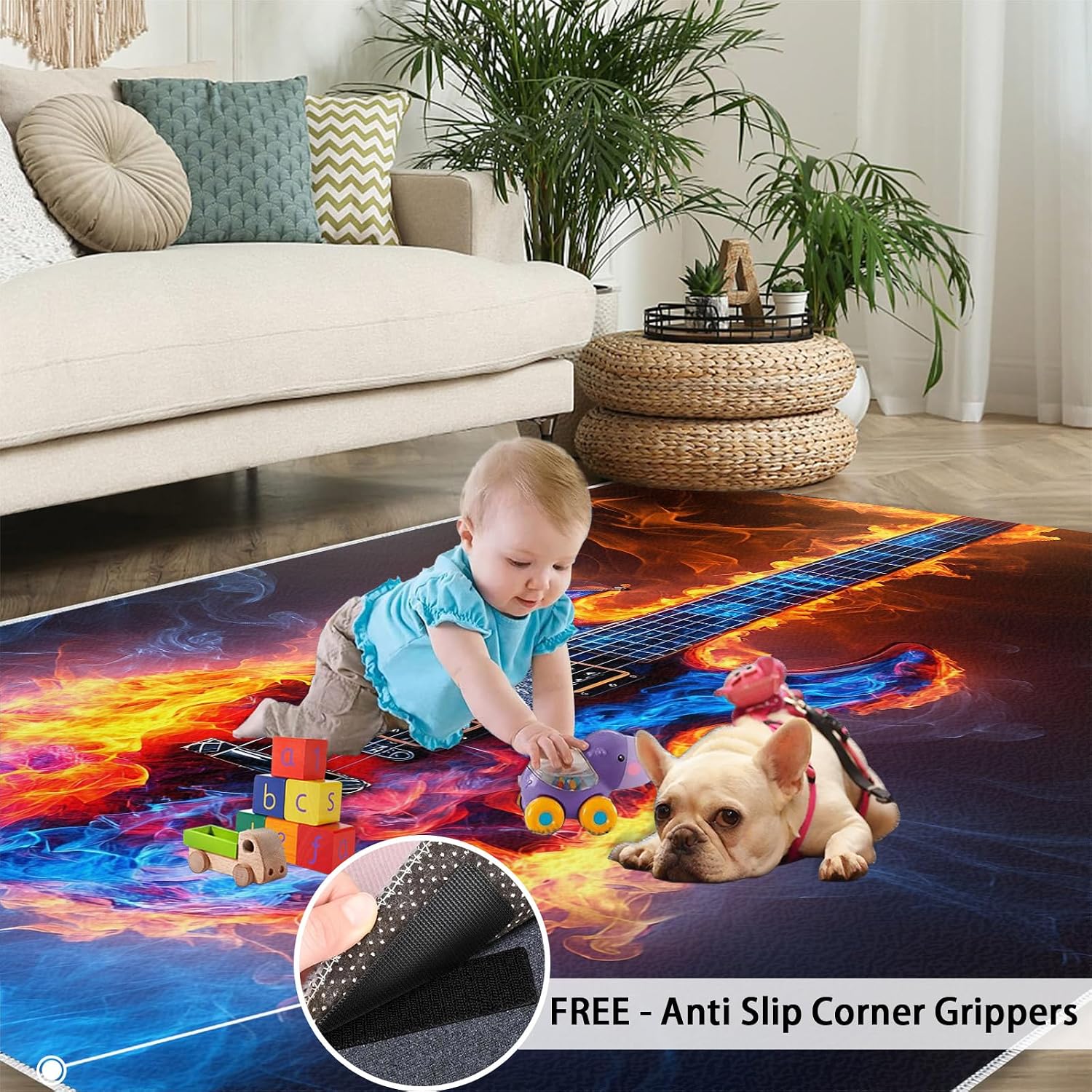 Guitar Rug 8x10, Flame Guitar Area Rugs for Bedroom, Rock Music Rugs for Boys Room, Low Pile Non Slip Carpet for Computer Game Room Dormitory