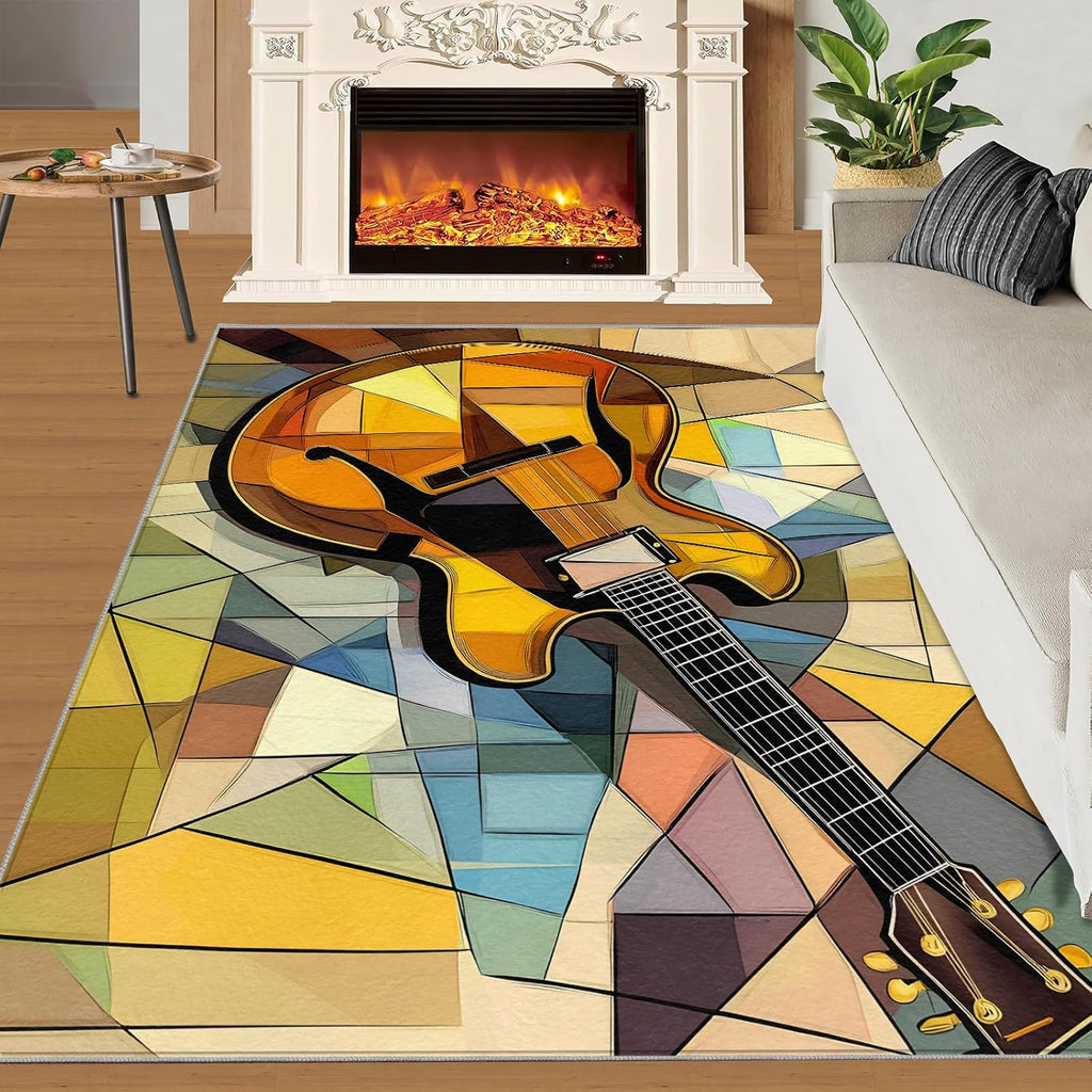Guitar Area Rug 6x8-6x8 Rug, Abstract Guitars Rugs for Living Room, Boho Geometric Carpet, Musical Washable Area Rugs for Bedroom, Music Carpet, Guitar Home Decor