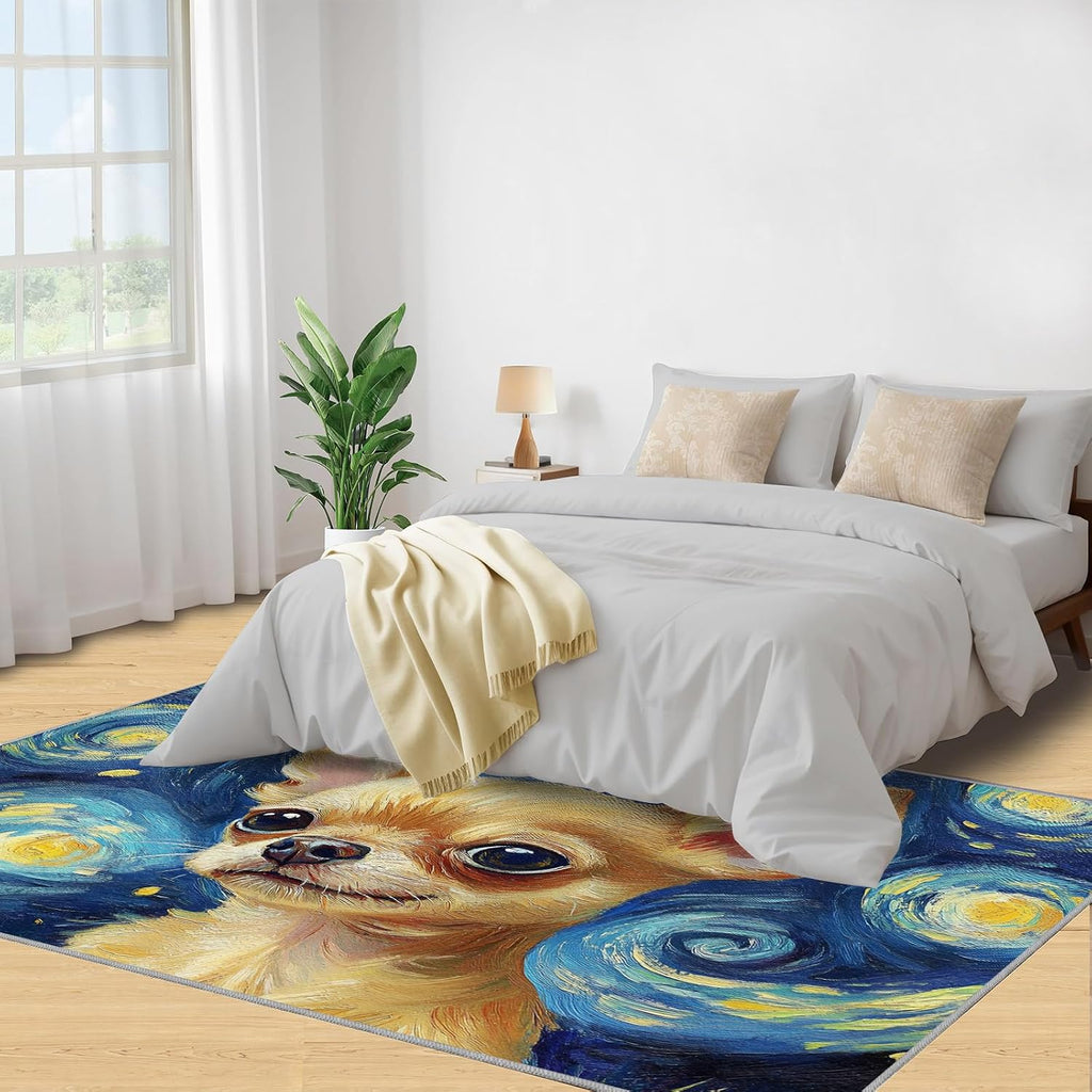 Dog Area Rug Large - 6x8 Rug, Blue Starry Night Rugs for Living Room, Animal Carpet, Impressionism Washable Area Rugs for Bedroom, Art Carpet, Dog Home Decor
