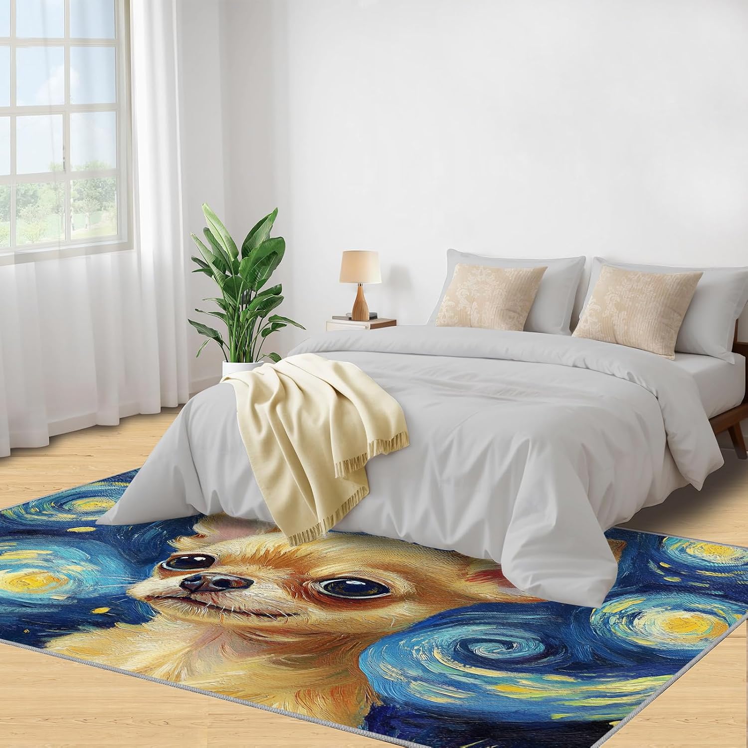 Dog Area Rug Large - 6x8 Rug, Blue Starry Night Rugs for Living Room, Animal Carpet, Impressionism Washable Area Rugs for Bedroom, Art Carpet, Dog Home Decor
