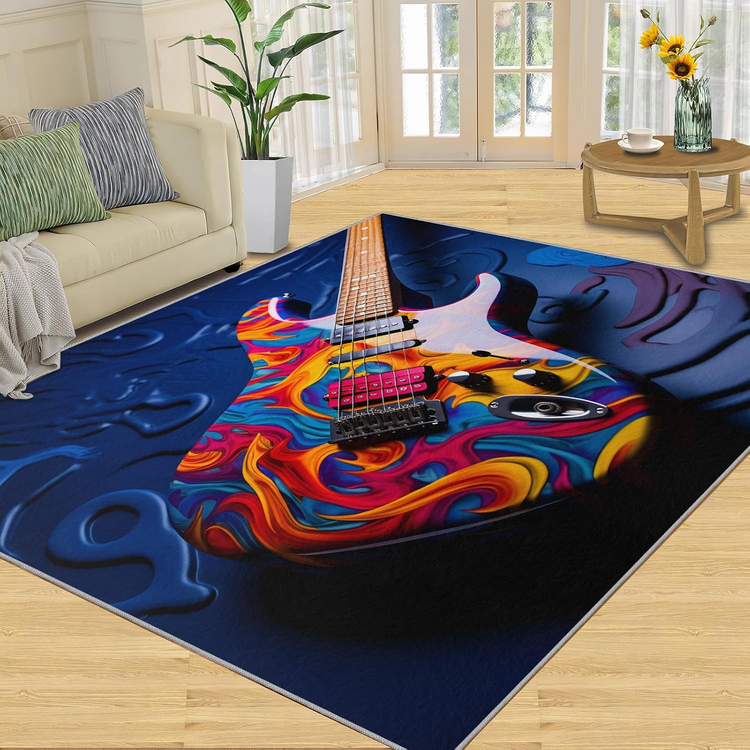 Guitar Rugs for Music Room - 5x7 Rug, Music Home Decor, Boys Musical Washable Rugs for Living Room Bedroom, Colorful Area Rug, Rock and Roll Carpet, Electric Guitars Gifts for Men