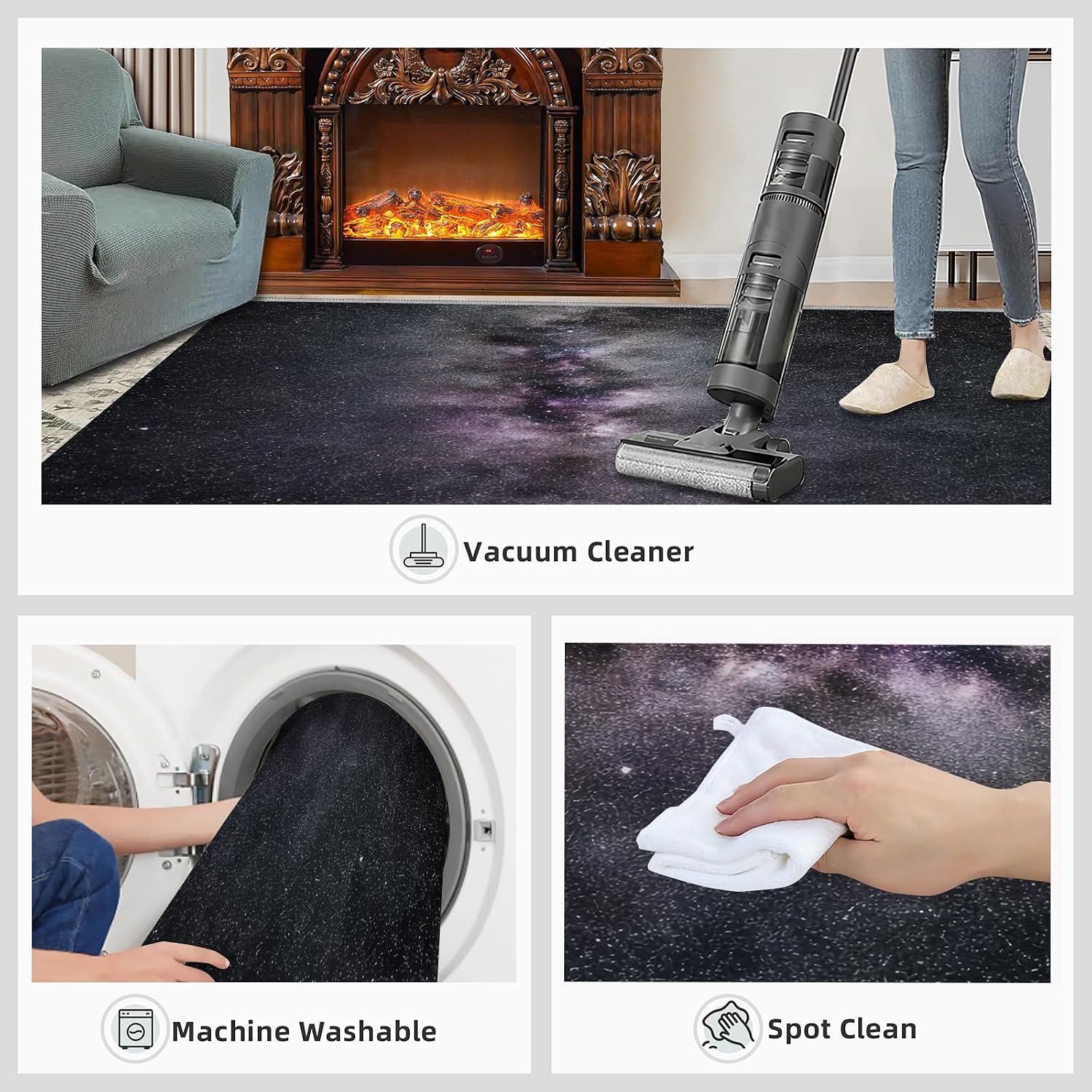Mysterious Nebula Area Rug, Black Purple Starry Sky Rugs for Living Room, Indoor Non-Slip Kids Rugs, Machine Washable Breathable Durable Carpet for Front Entrance Floor Decor,6 x 8ft