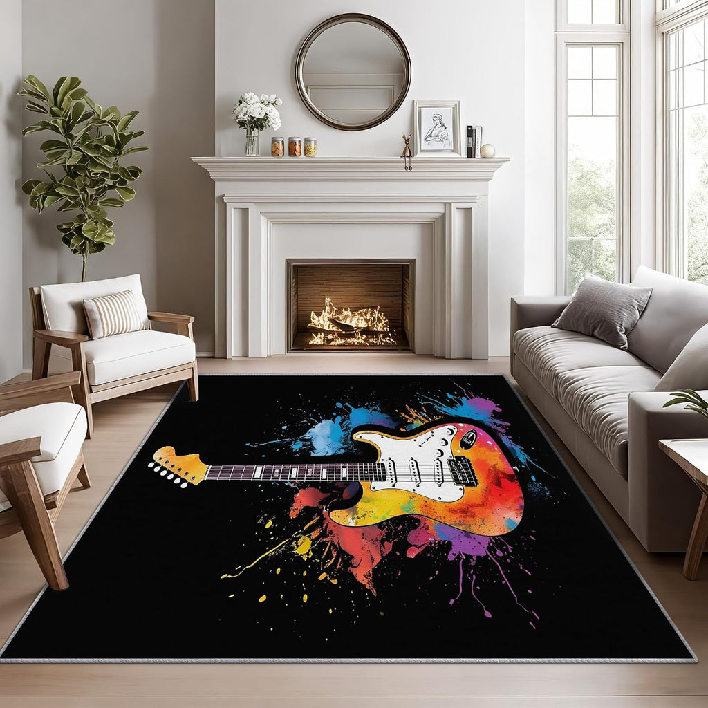 Guitar Rugs for Music Room - 5x7 Area Rugs, Graffiti Rug, Rock and Roll Rug for Living Room, Boys Music Hip Hop Washable Bedroom Carpet, Electric Guitar Home Decor & Gifts