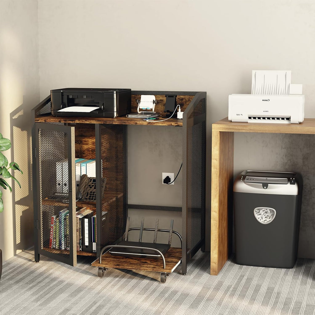 EasyCom Printer Stand with Charging Station and Paper Shredder Stand – 3 Tier Lateral Printer Table with Open Storage Shelves- Printer Shelf for Office Home Use with Adjustable Shelves and Mesh Door