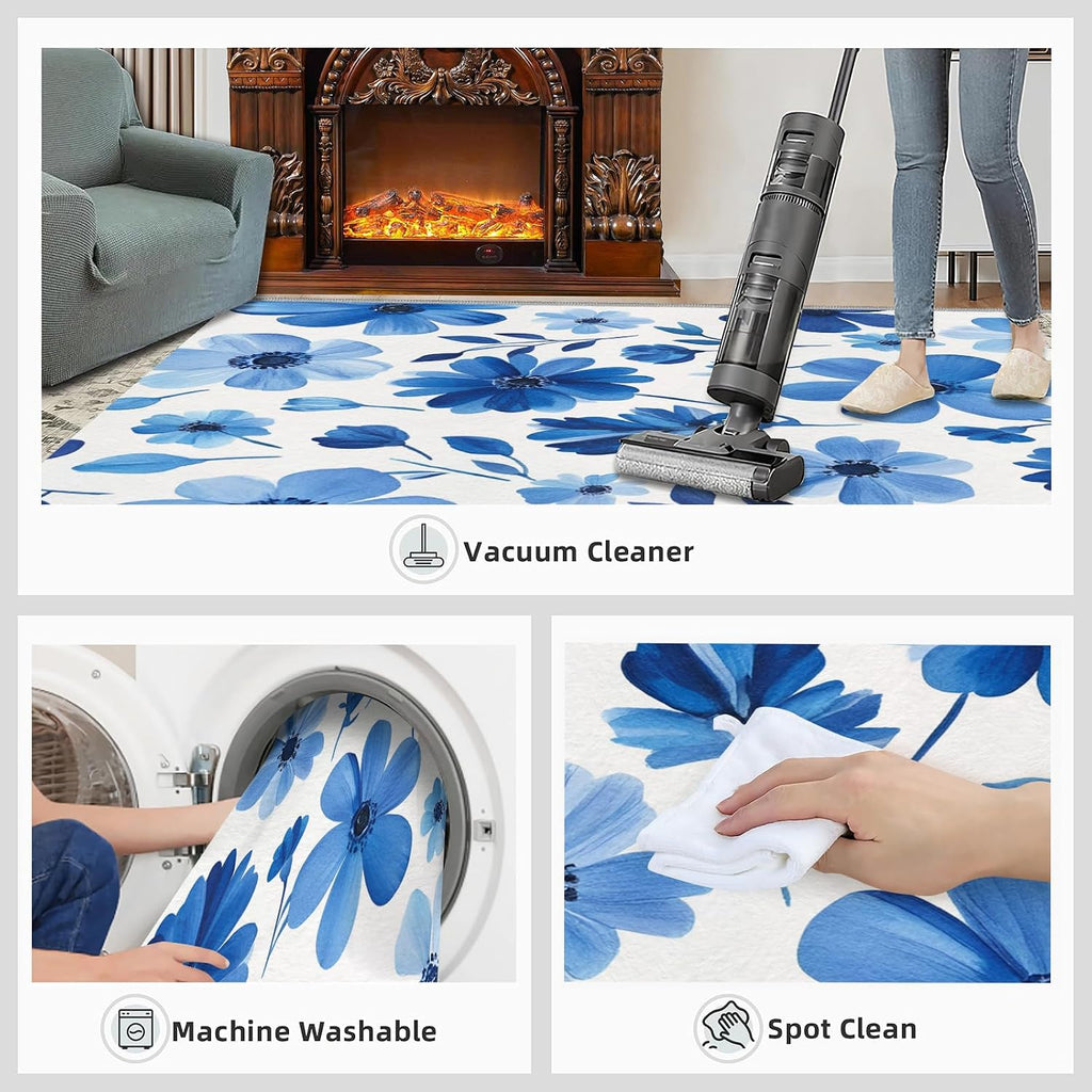 Blue Flowers Area Rug, Watercolor Flowers Living Room Rug, Low Pile Home Decor Carpet for Bedroom Dining Room Farmhouse Floor Mat 6x8
