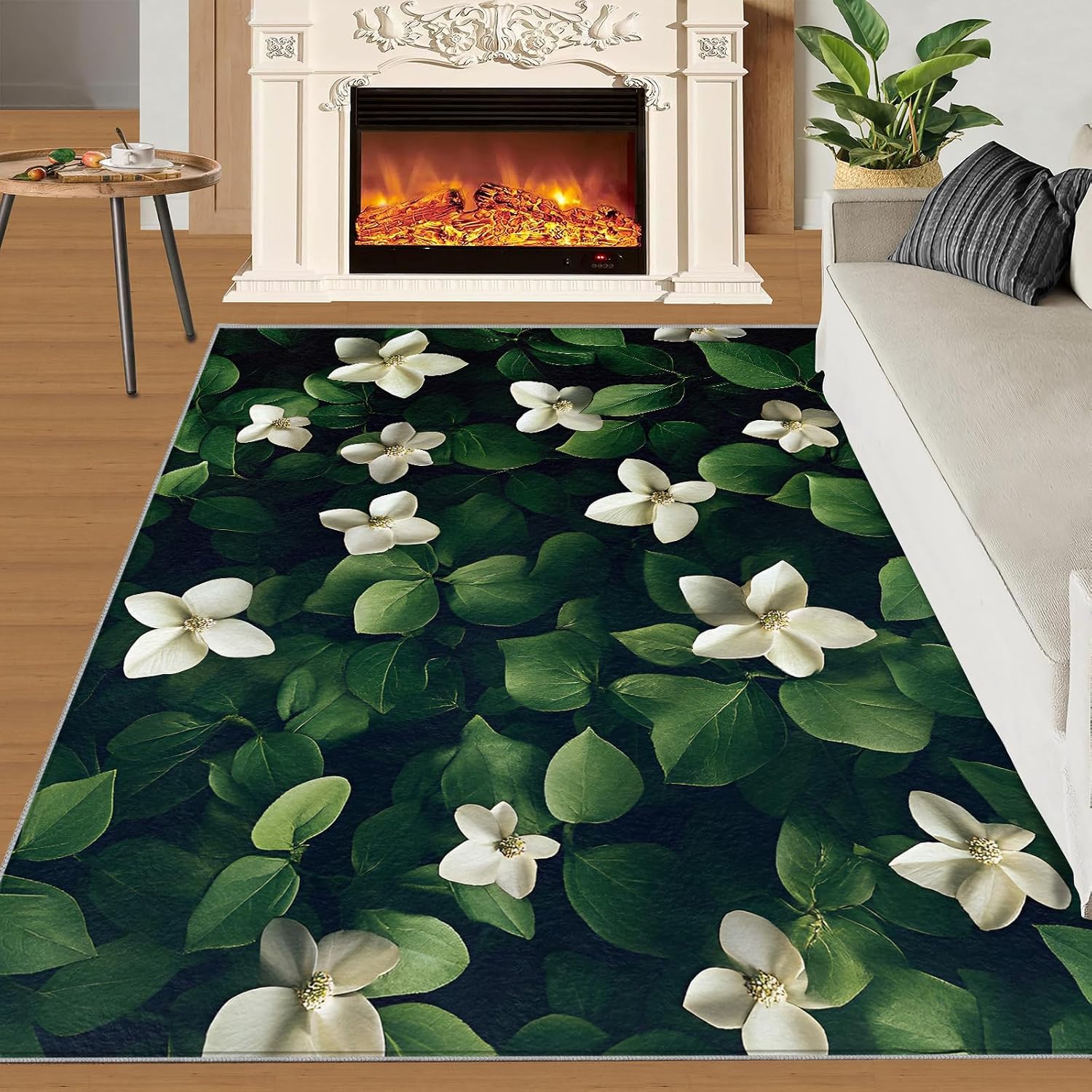 Flowers Rug, Plants Rugs for Bedroom 5x7 Rug, Green Leaves Area Rug, Rugs for Living Room, Non Slip Washable Carpet for Kids Room Home Decor