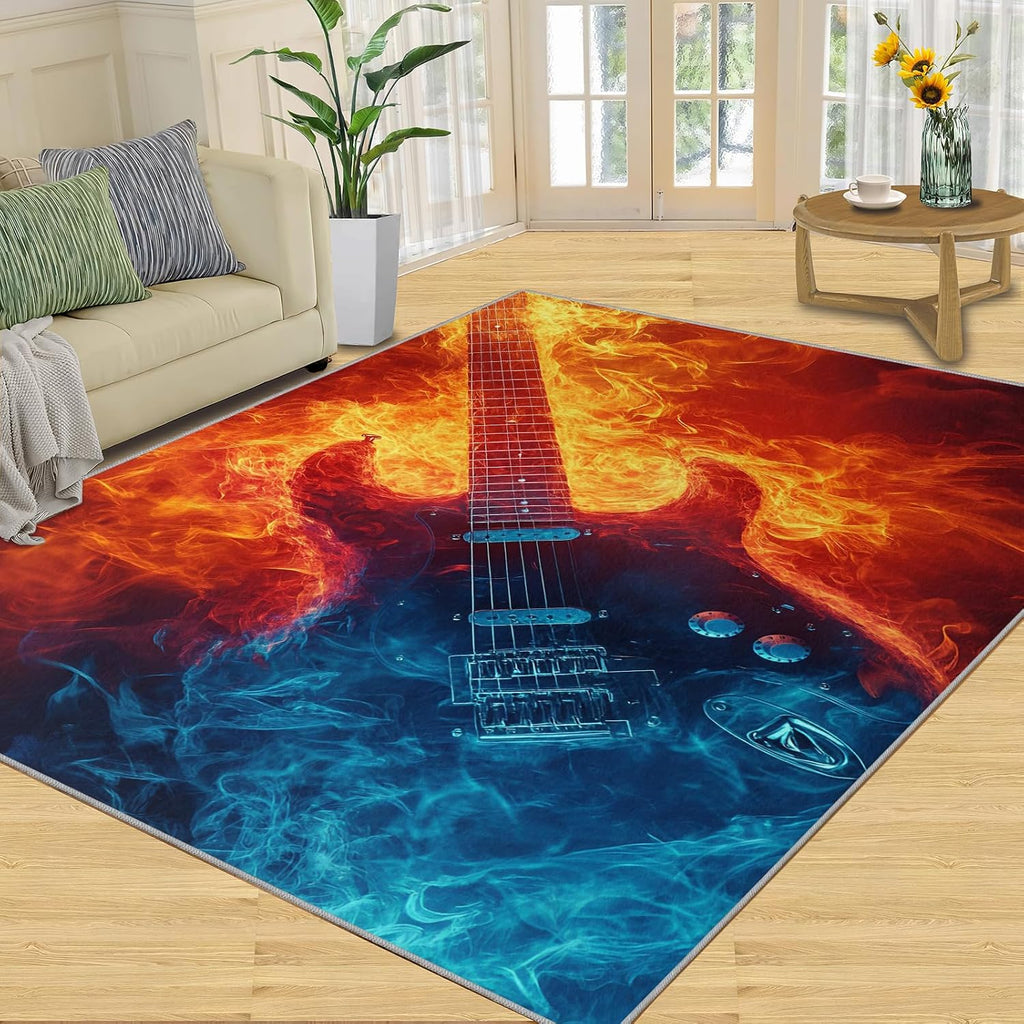Flame Electric Guitar Area Rug 6x8 - Guitar Large Rugs for Living Room, Cool Music Carpet Area Rug for Girls Bedroom Kids Room Basement Office Classroom