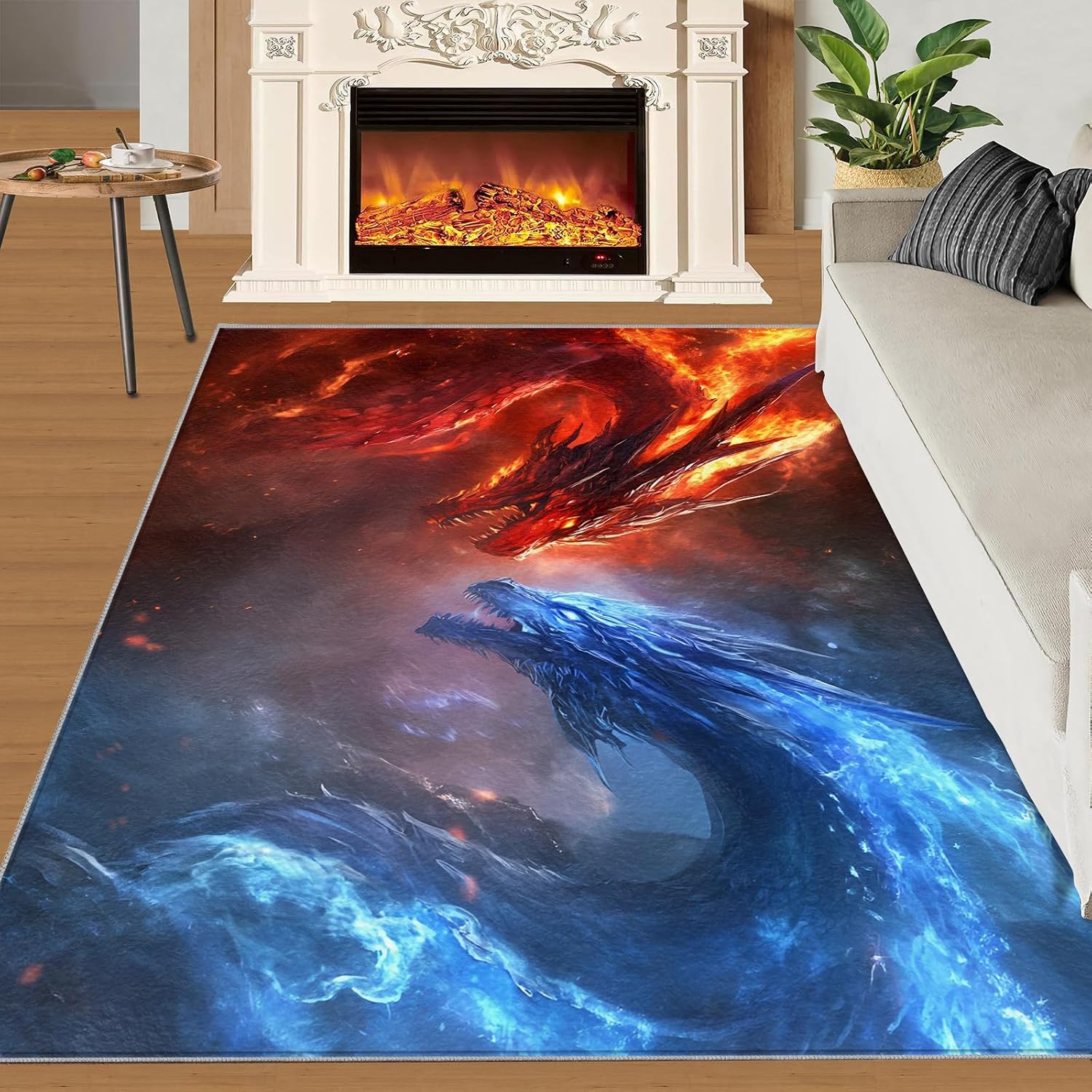 Ice Fire Dragon Living Room Rug, Fantasy Magic Dragon Area Rug, Washable Bedroom Rugs for Front Porch Kitchen Entryway Doormats Decor Floor Mat 6x8
